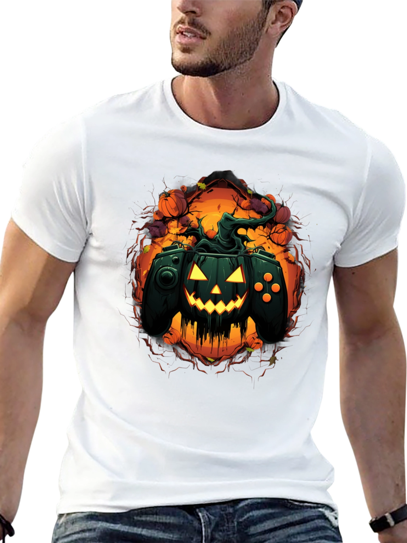 Black Halloween Gamer Pumpkin Black T-Shirt view 13