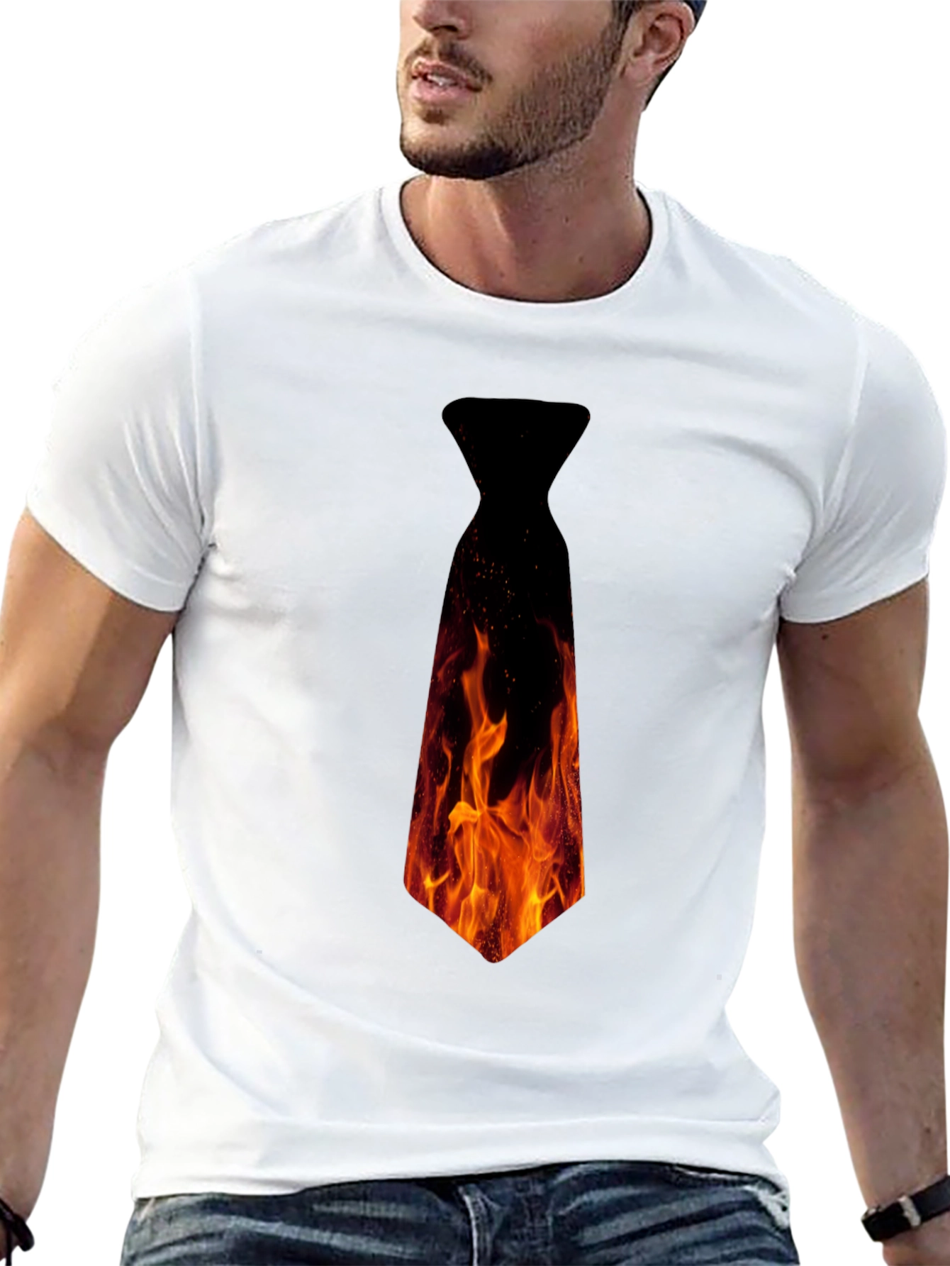 Black Fiery Necktie Graphic Tee - Black Cotton T-Shirt view 13