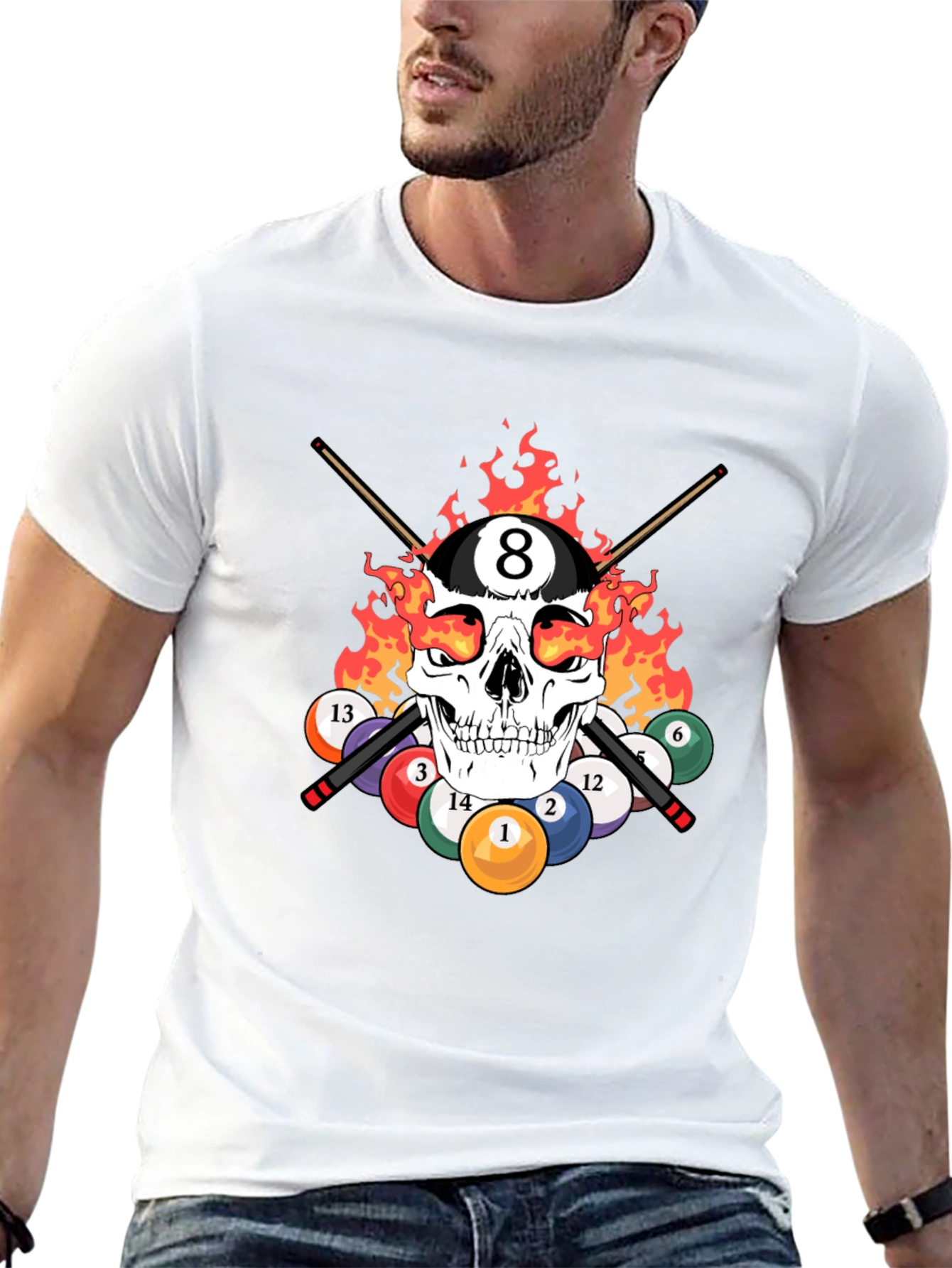 Black Skull 8 Ball Flames T-Shirt - Billiards Graphic Tee view 13