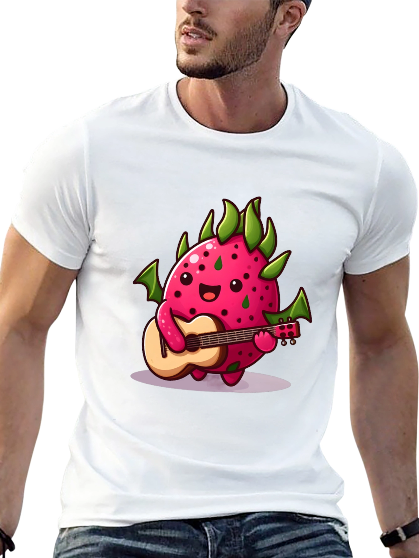 Black Cartoon Dragon Fruit Playing Guitar Black T-Shirt view 13