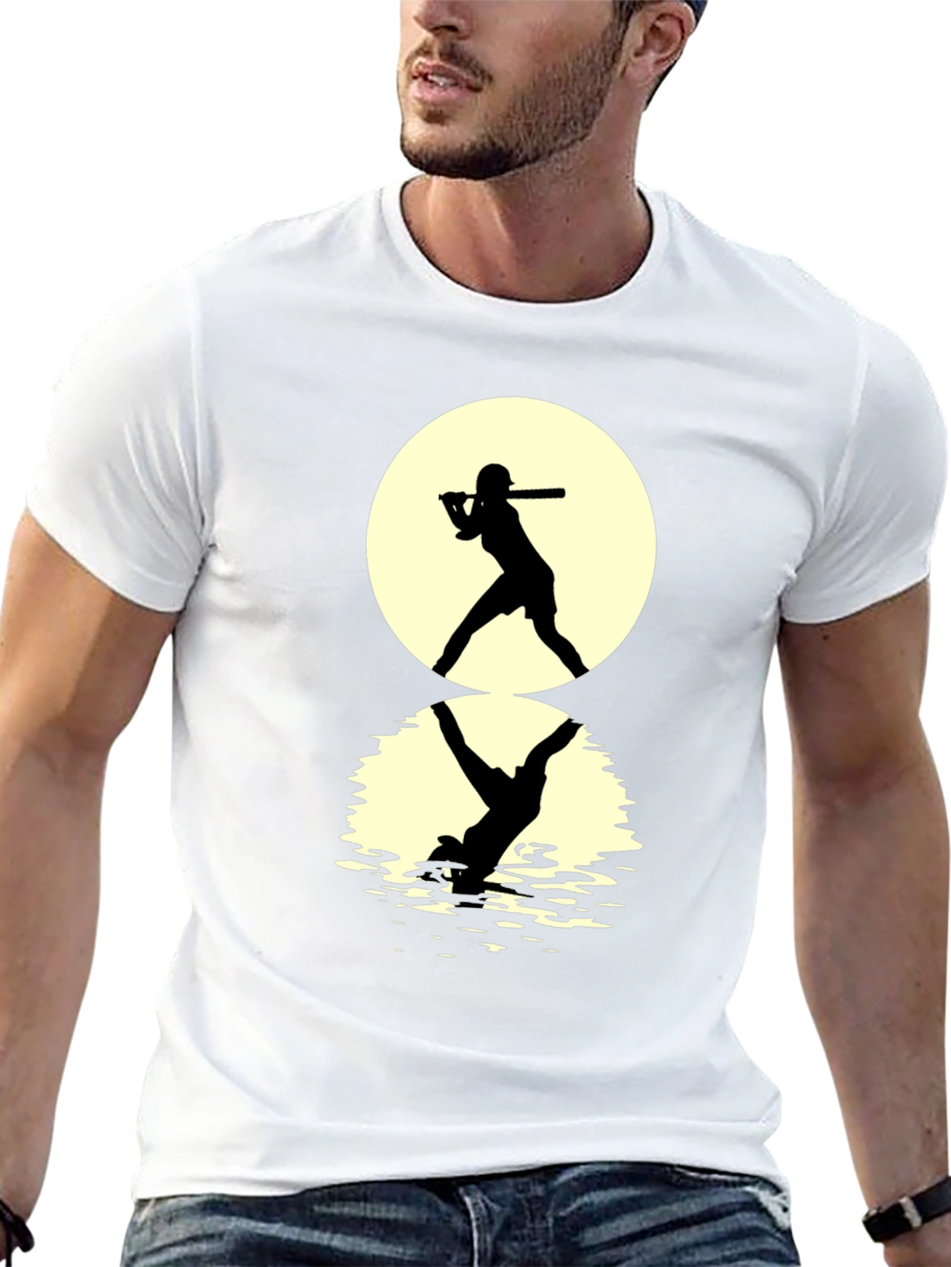 Black Baseball Silhouette T-Shirt: Moonlit Reflection Tee view 13