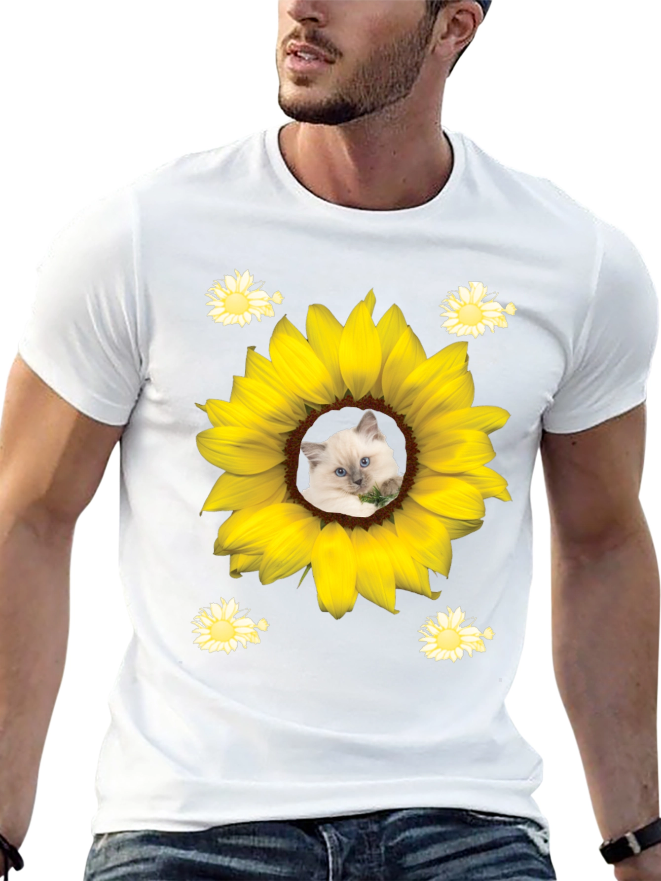 Black Sunflower Cat T-Shirt - Unique Graphic Tee view 13