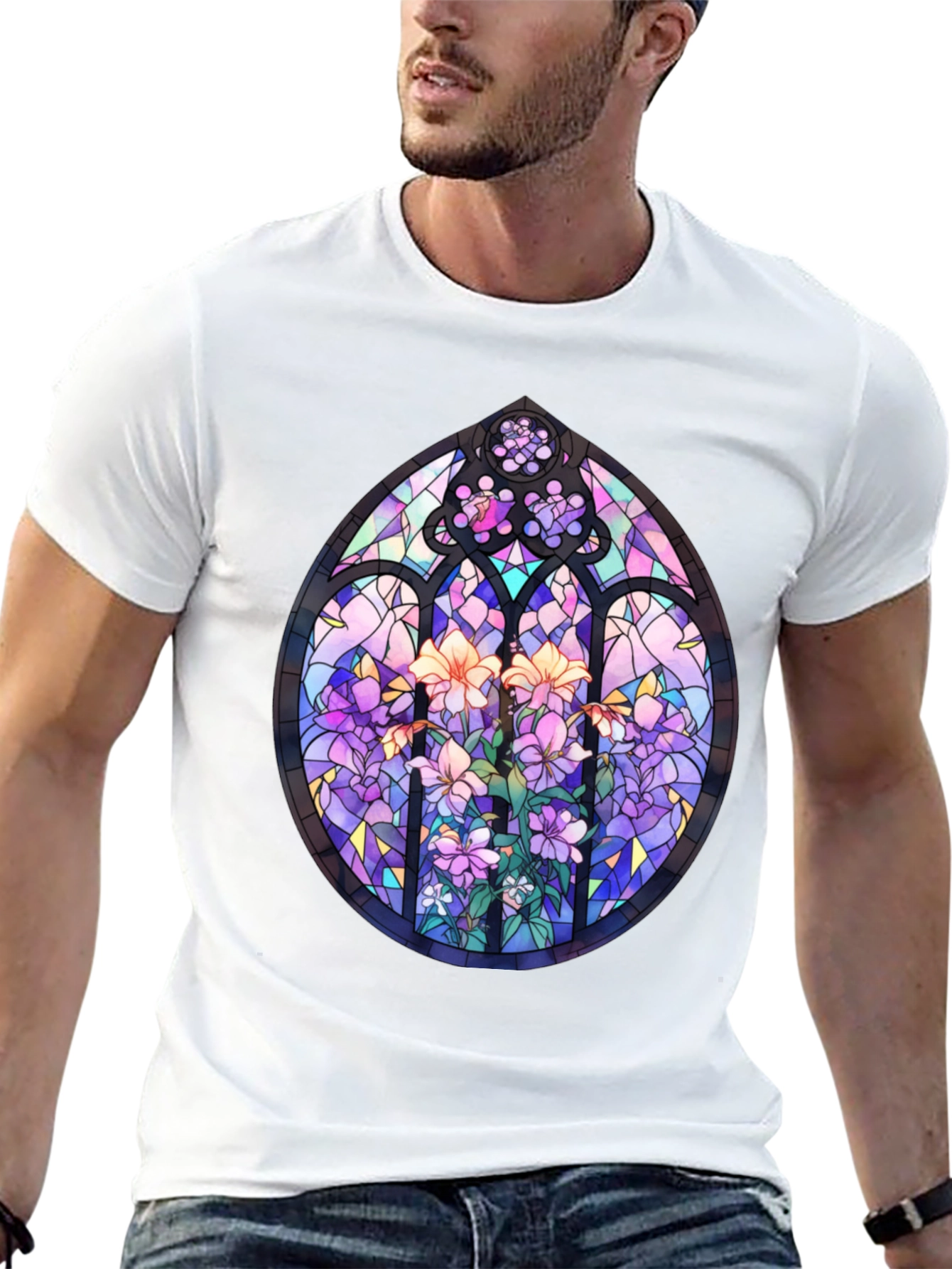 Black Stained Glass Floral T-Shirt - Artistic Men's Tee view 13