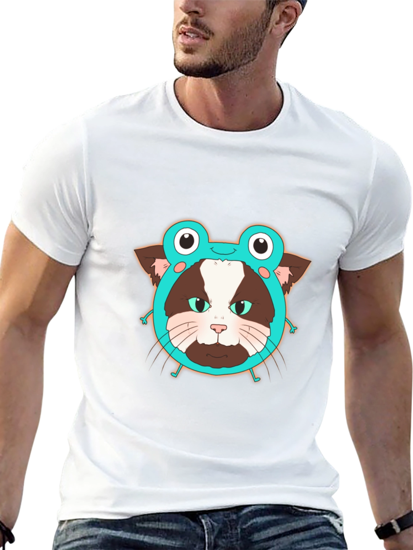 Black Funny Cat in Frog Hat Graphic Tee - Black view 13