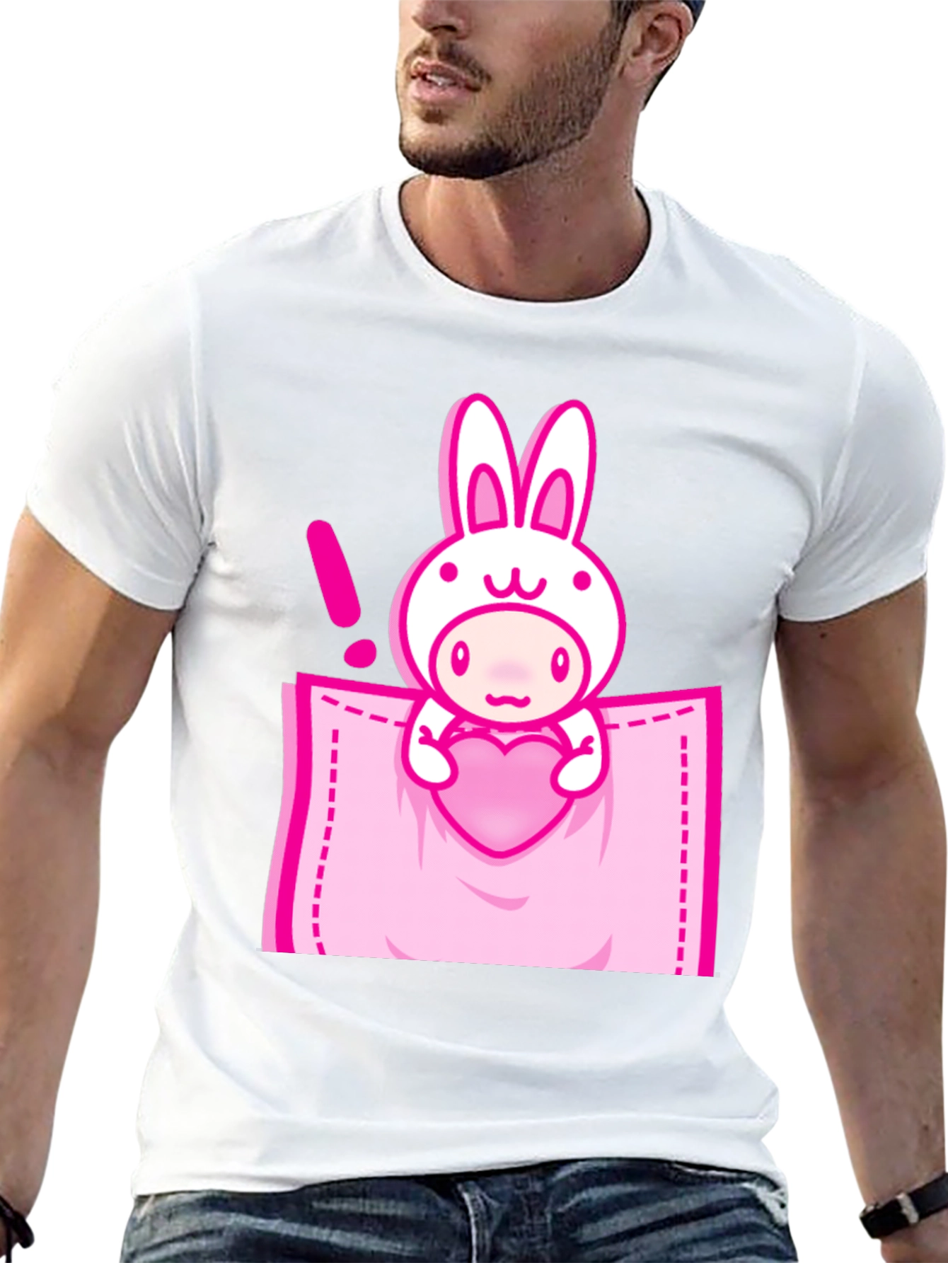 Black Cute Cartoon Rabbit Pocket T-Shirt view 13