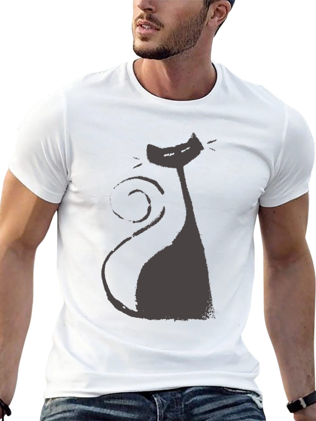 Black Retro Cat Silhouette Tee - Black Cotton Blend view 13