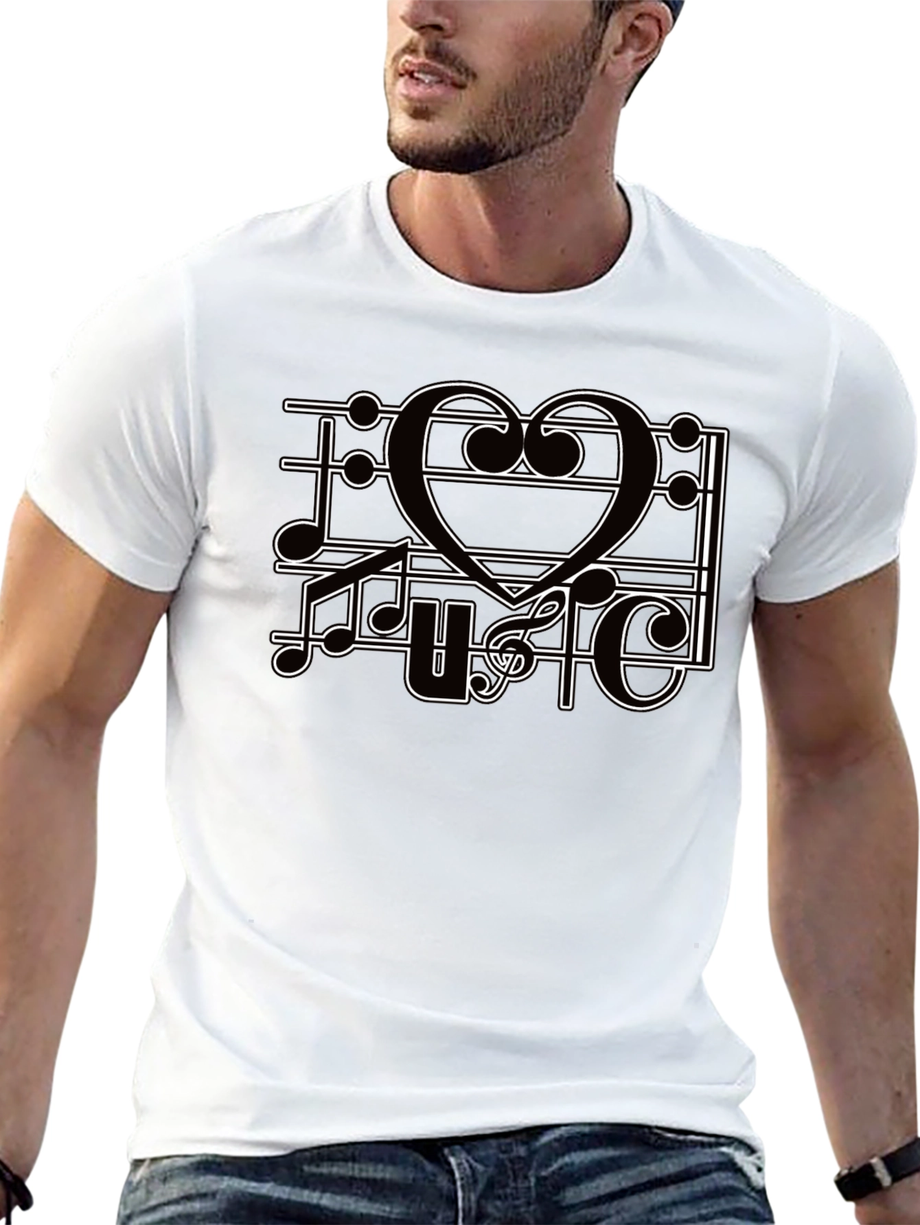 Black Music Heart T-Shirt, Men's Black Tee, Graphic Print view 13