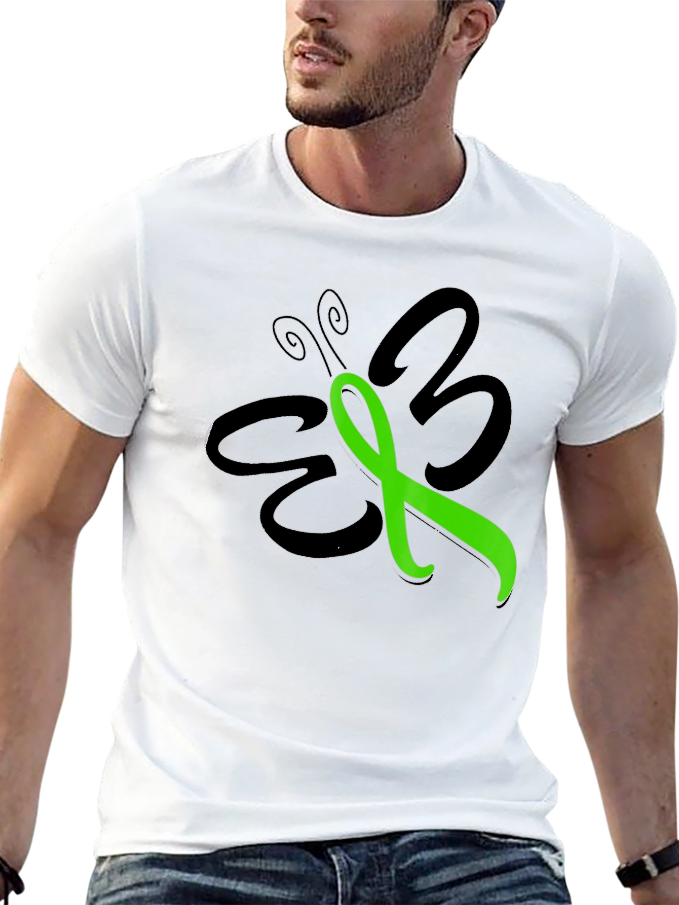Black Green Ribbon Butterfly T-Shirt - Awareness Support view 13