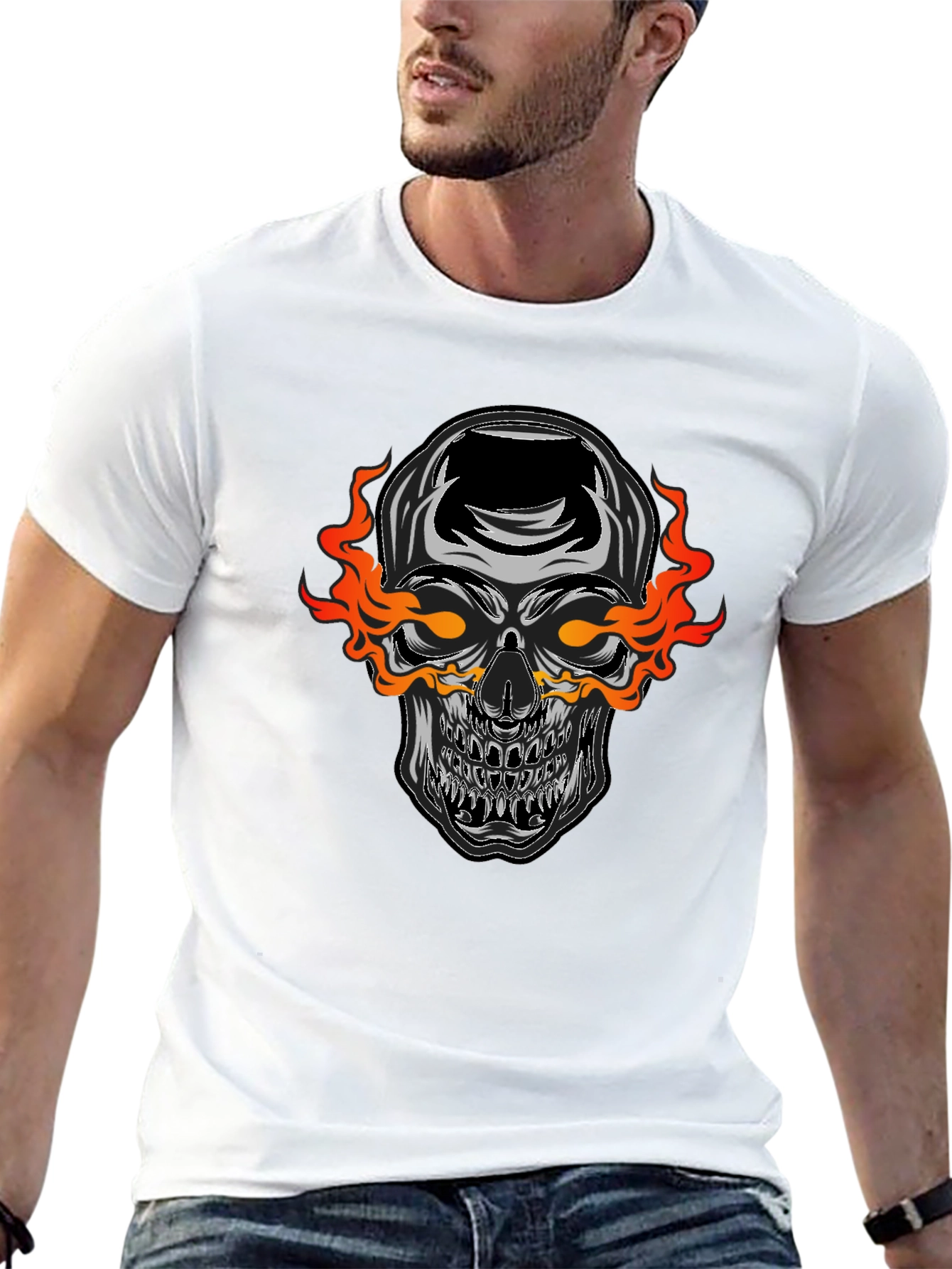 Black Flaming Skull Graphic Black T-Shirt view 13