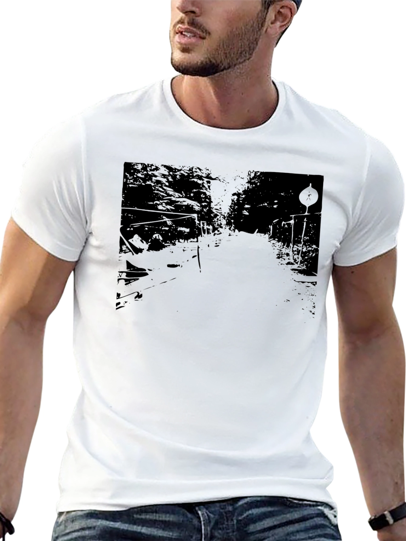 Black Men's Black Graphic Tee - Road Scene Design view 13