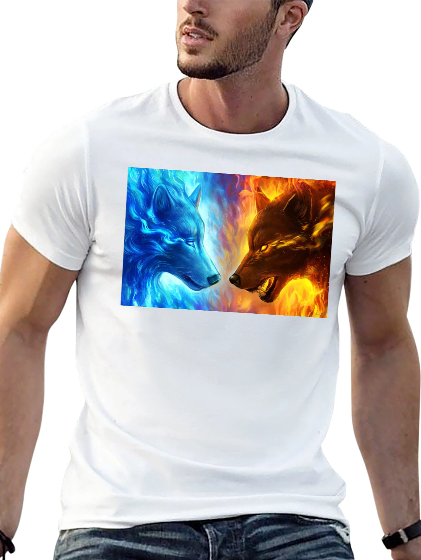 Black Fire and Ice Wolf Graphic Tee - Cool Men's T-Shirt view 13