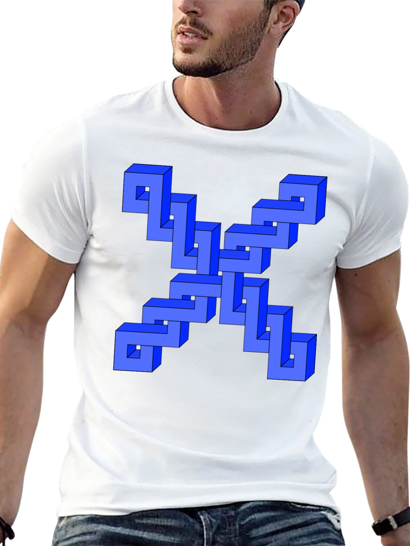 Black Optical Illusion Blue Cube Design Black T-Shirt view 13