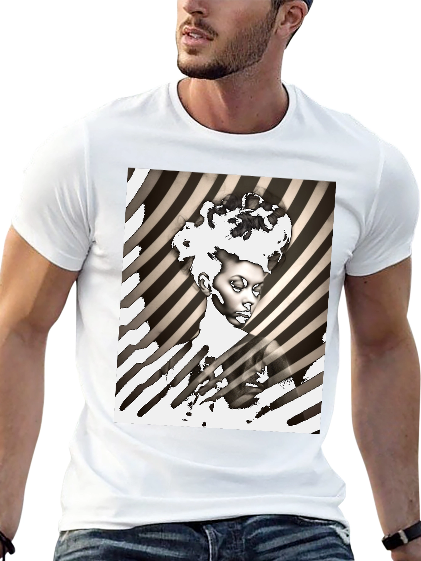 Black Striking Graphic Print Tee - Monochrome Art view 13