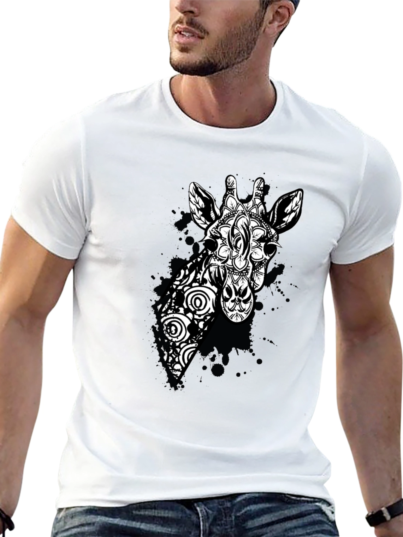 Black Giraffe Mandala Graphic Tee - Black Cotton T-Shirt view 13