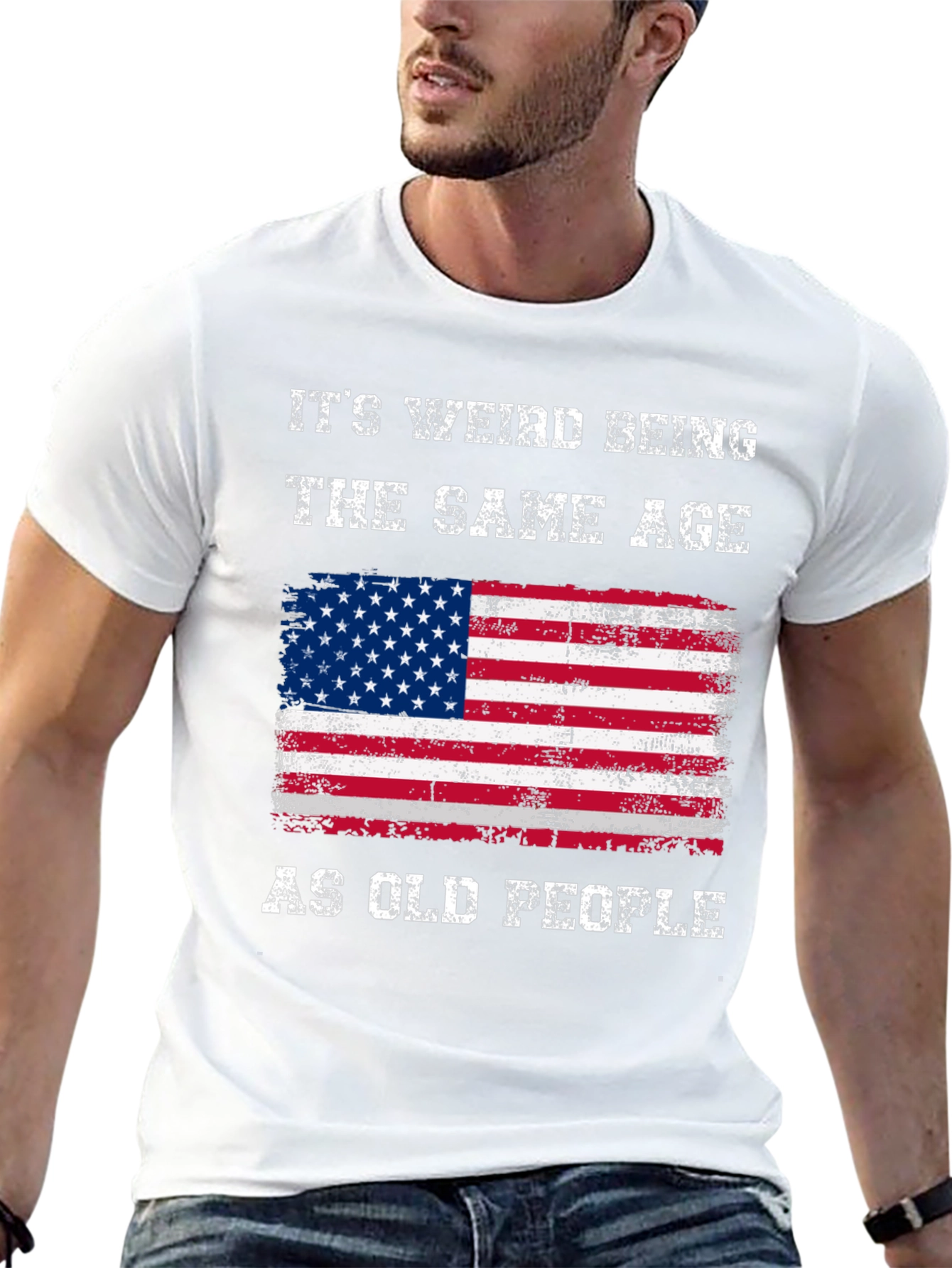 Black Funny American Flag T-Shirt: It's Weird Being The Same Age As Old People view 13