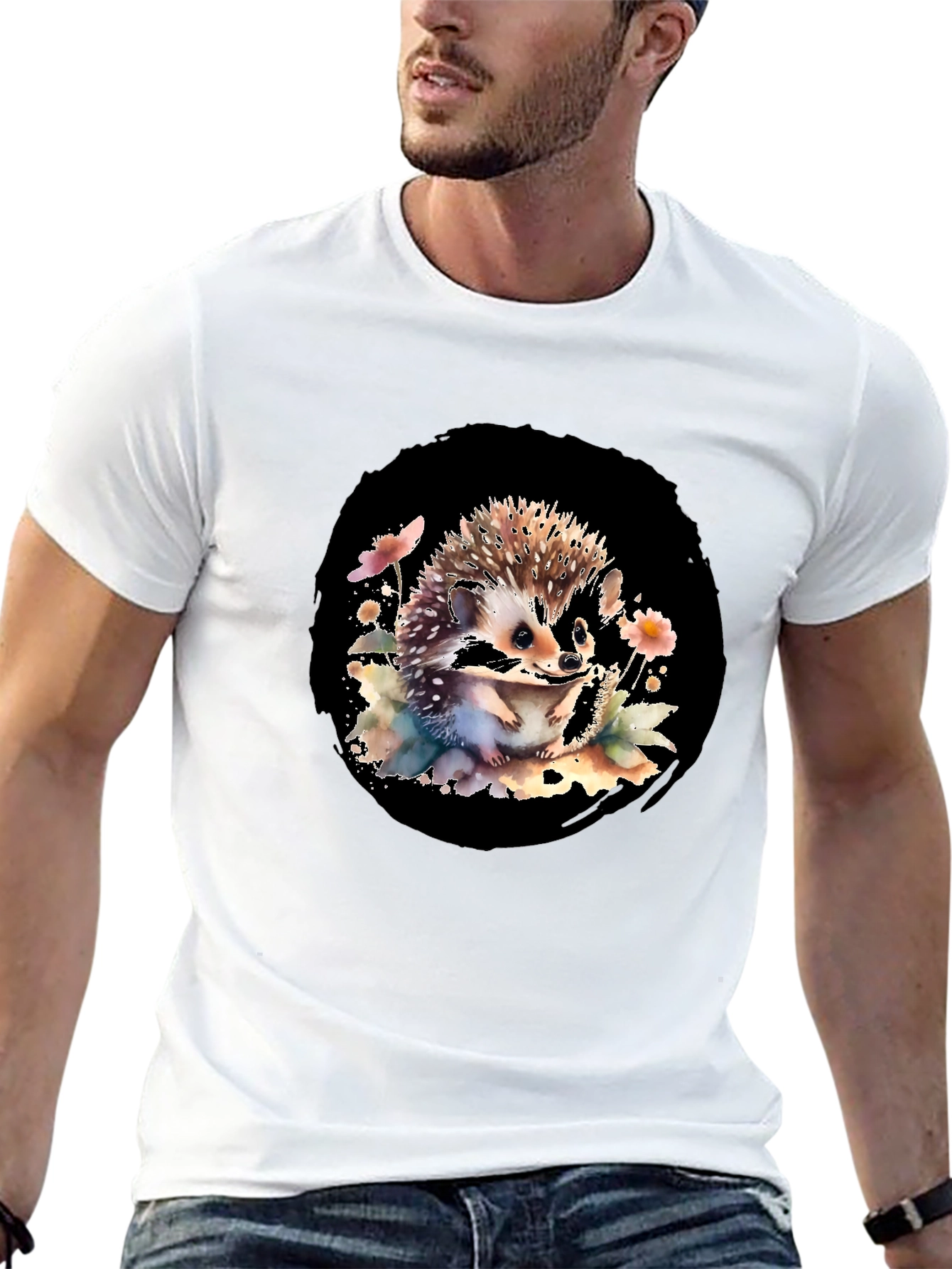 Black Hedgehog Watercolor Graphic Black T-Shirt view 13
