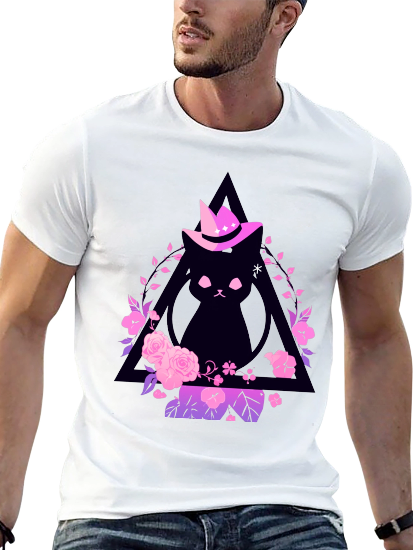 Black Witch Cat Graphic Tee - Floral Triangle Design view 13