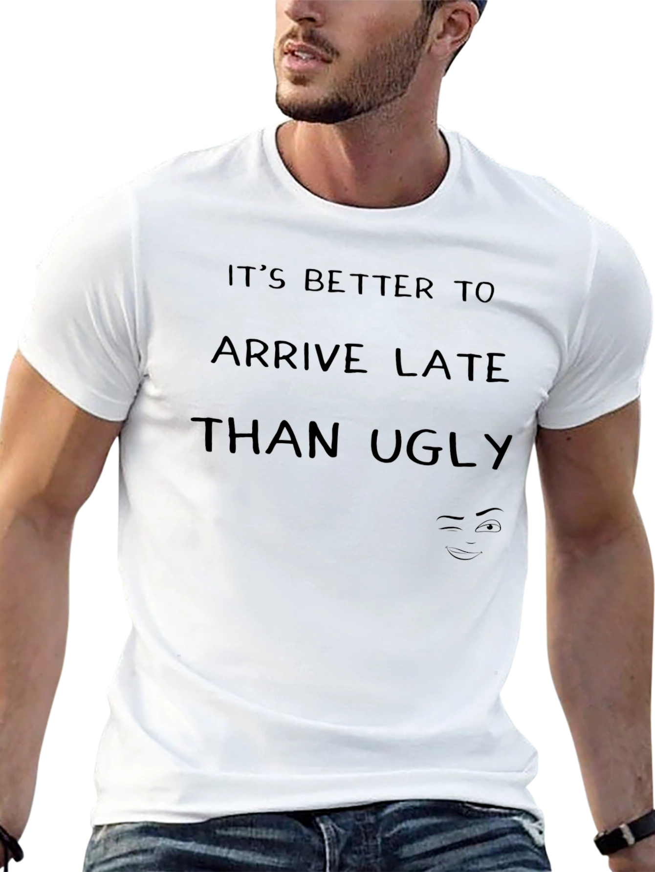 Black Humorous Graphic Tee: Better Late Than Ugly - Black Cotton T-Shirt view 13