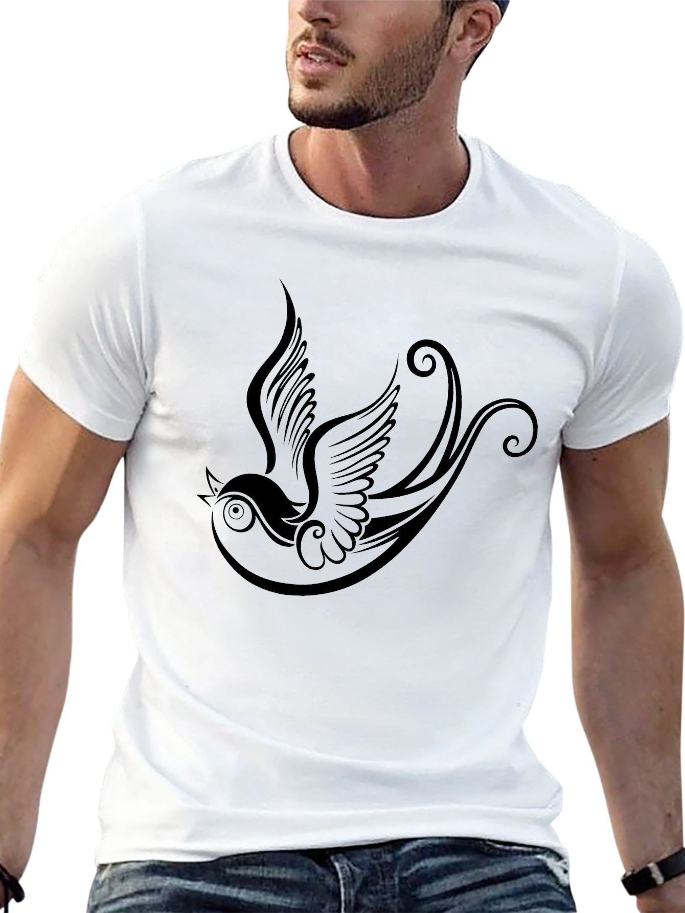 Black Black T-Shirt with Bird Tattoo Design view 13