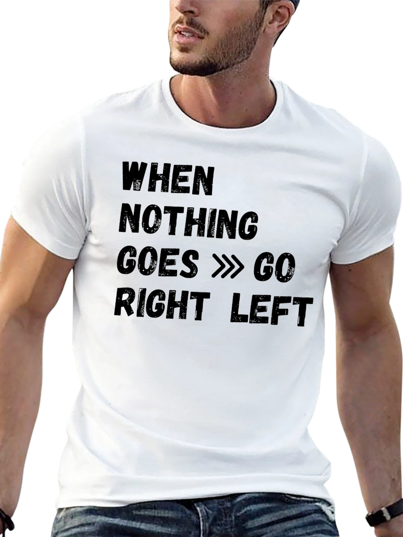 Black Funny "Go Right Left" Black Cotton T-Shirt view 13