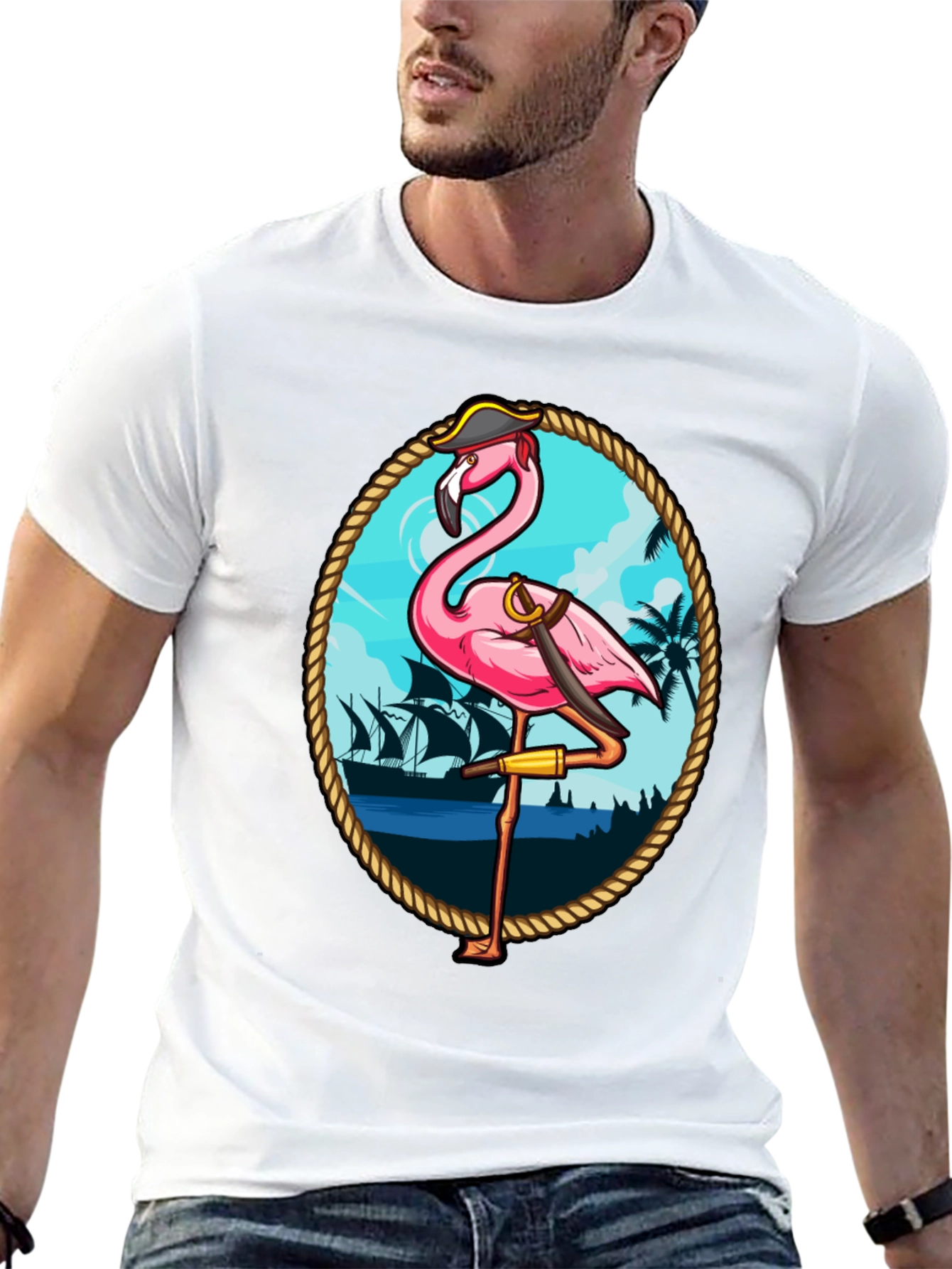 Black Pirate Flamingo Graphic T-Shirt - Tropical Humor Tee view 13