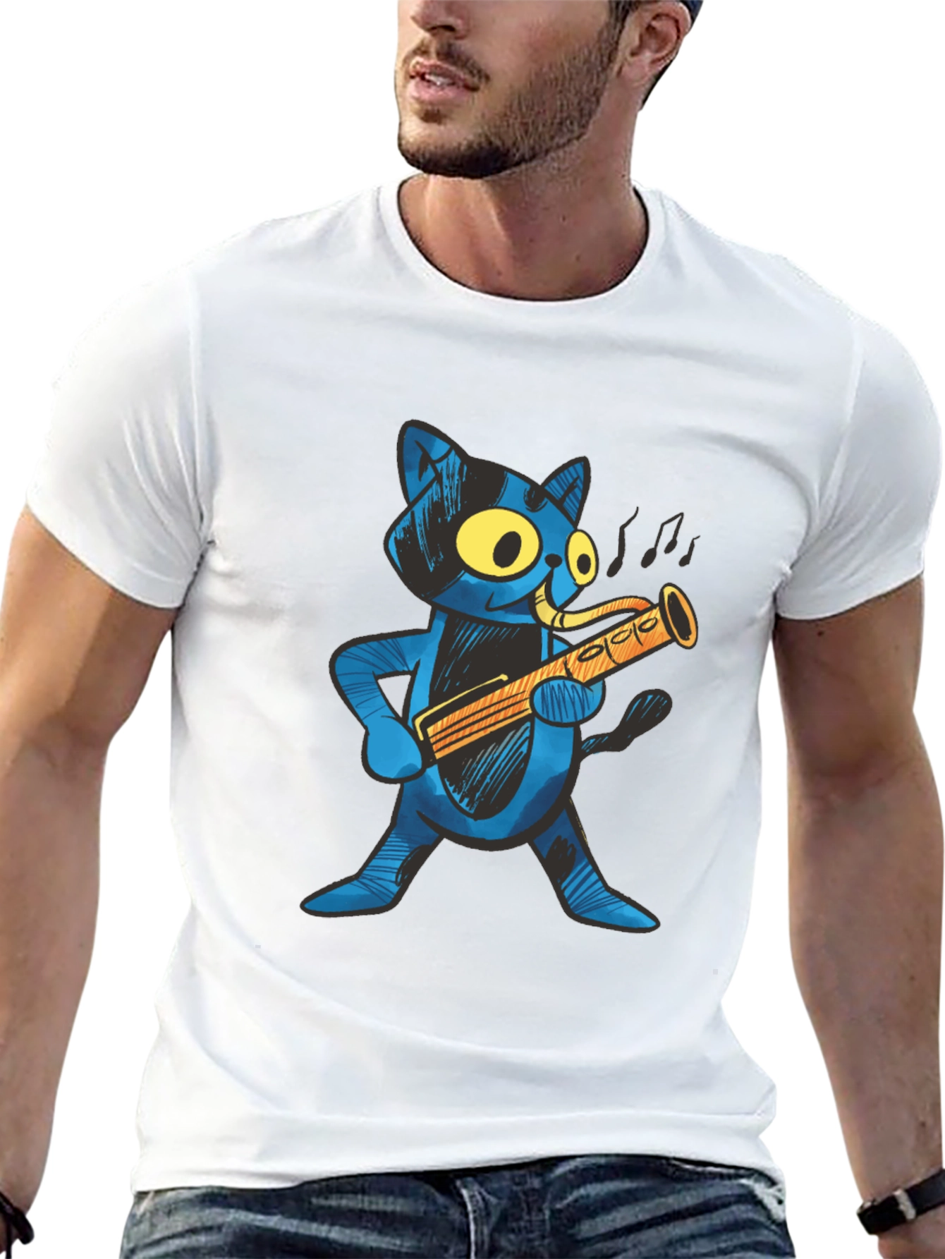 Black Cool Cat Saxophone Player T-Shirt view 13