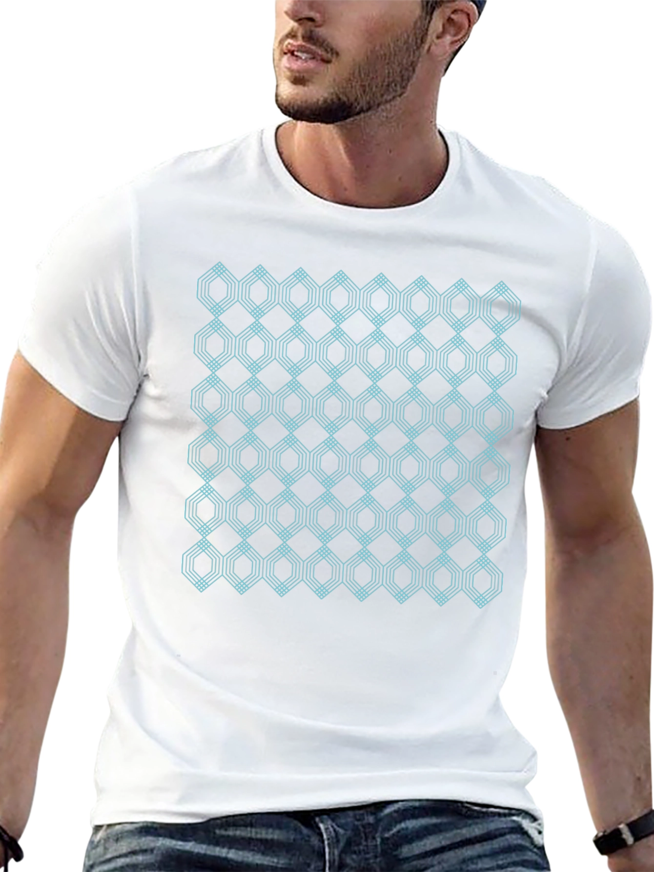 Black Geometric Hexagon Pattern Black T-Shirt view 13