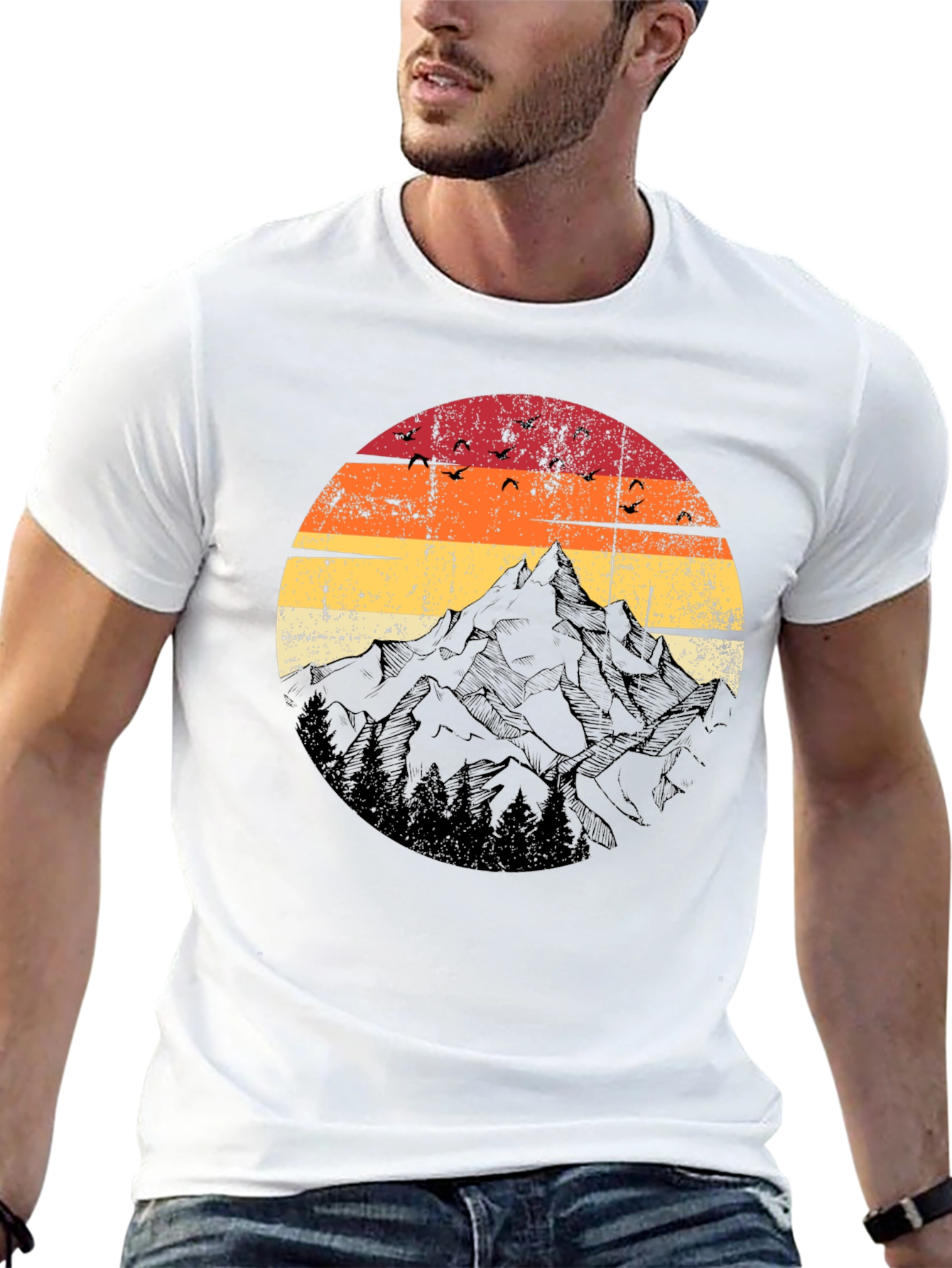 Black Retro Mountain Sunset T-Shirt - Black view 13