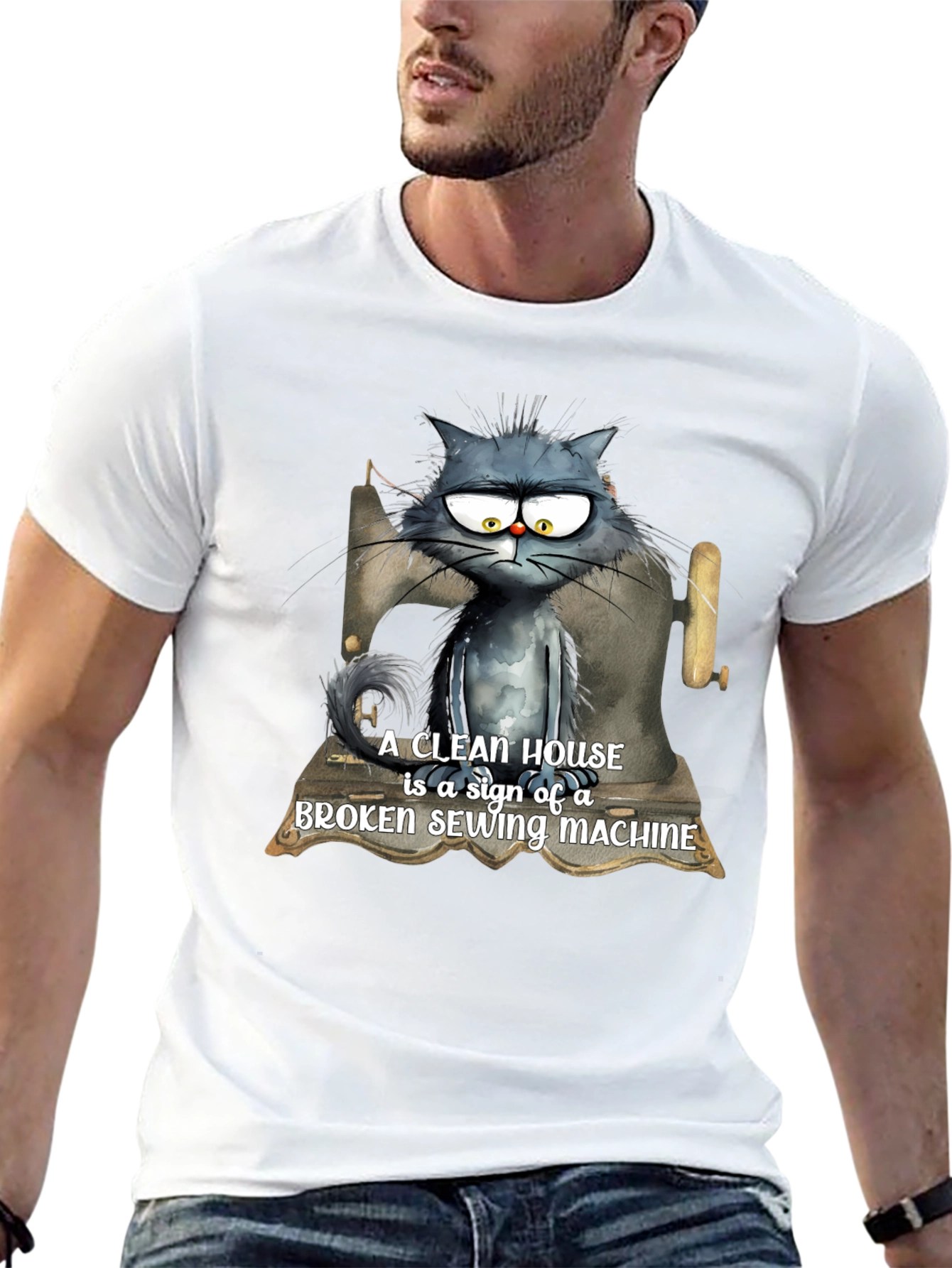 Black Cat & Sewing Machine T-Shirt - Humorous Design view 13