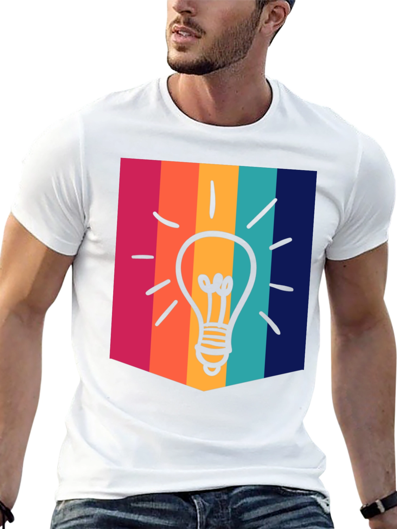 Black Creative Idea Bulb Colorful Stripe T-Shirt view 13