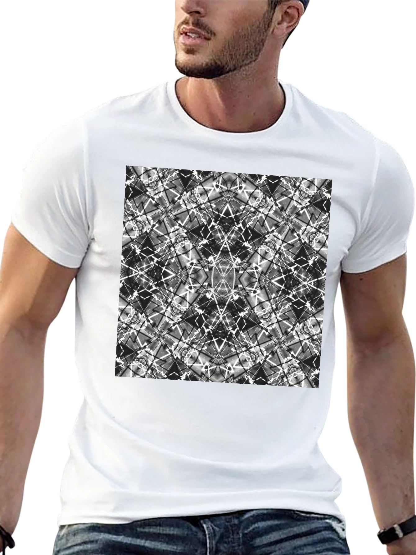 Black Abstract Geometric Print Black T-Shirt view 13
