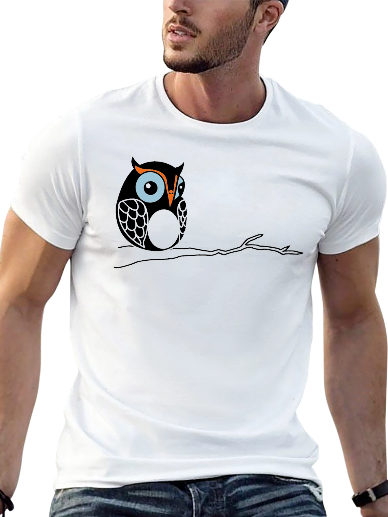 Black Owl on Branch Graphic Tee - Black Cotton T-Shirt view 13