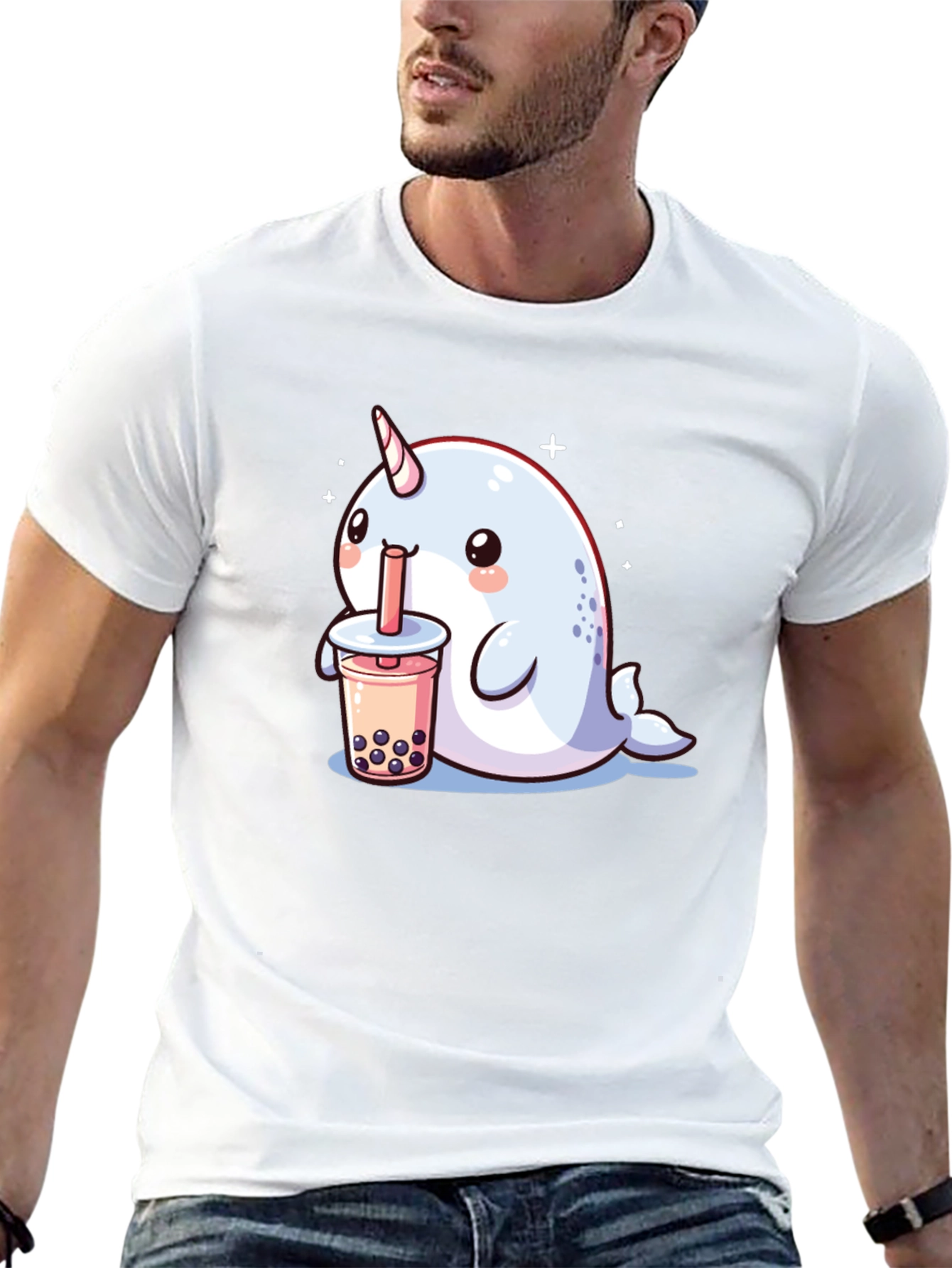 Black Cute Narwhal Boba Tea Graphic T-Shirt view 13