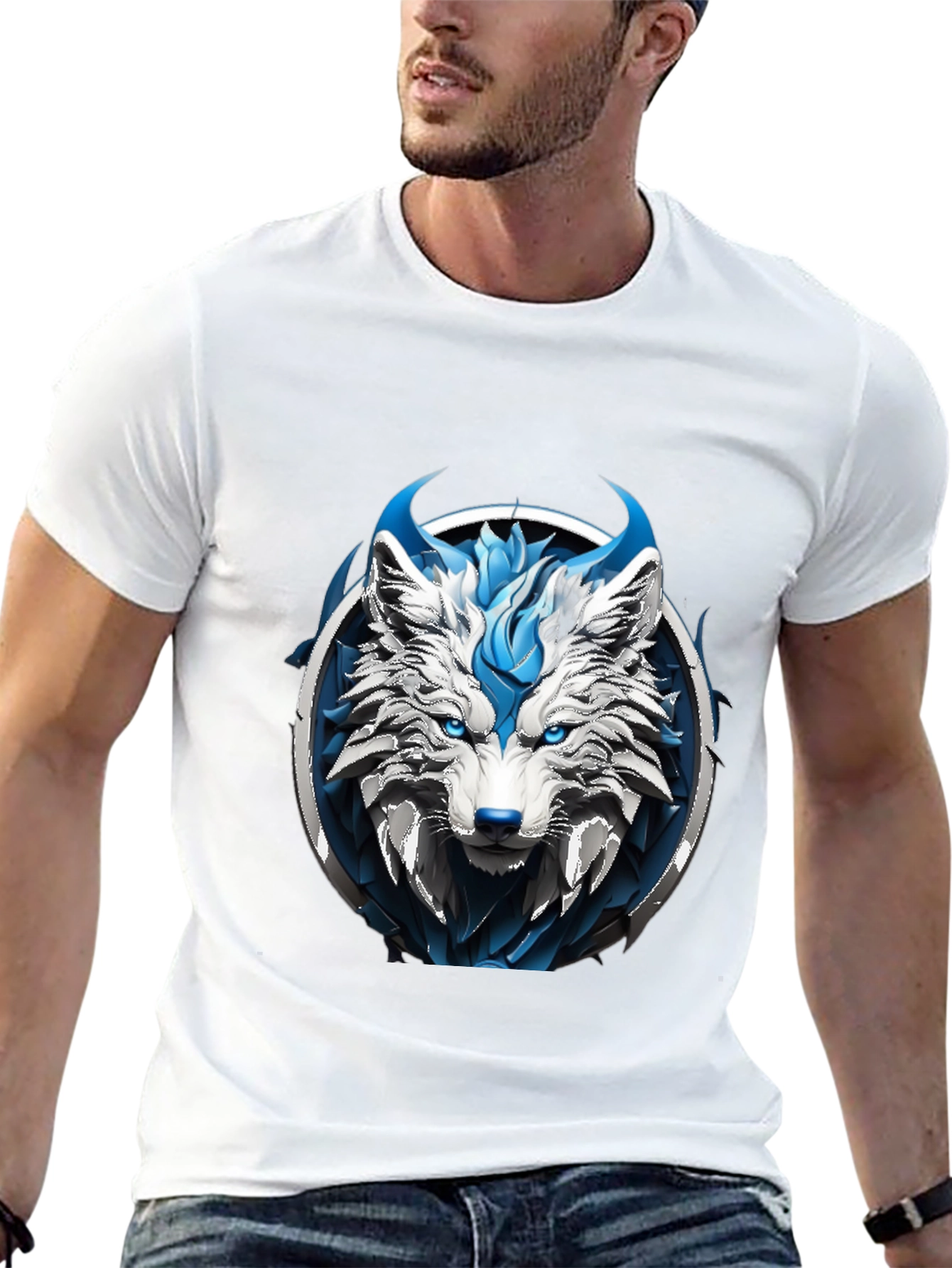 Black Abstract Blue Wolf Graphic Tee view 13