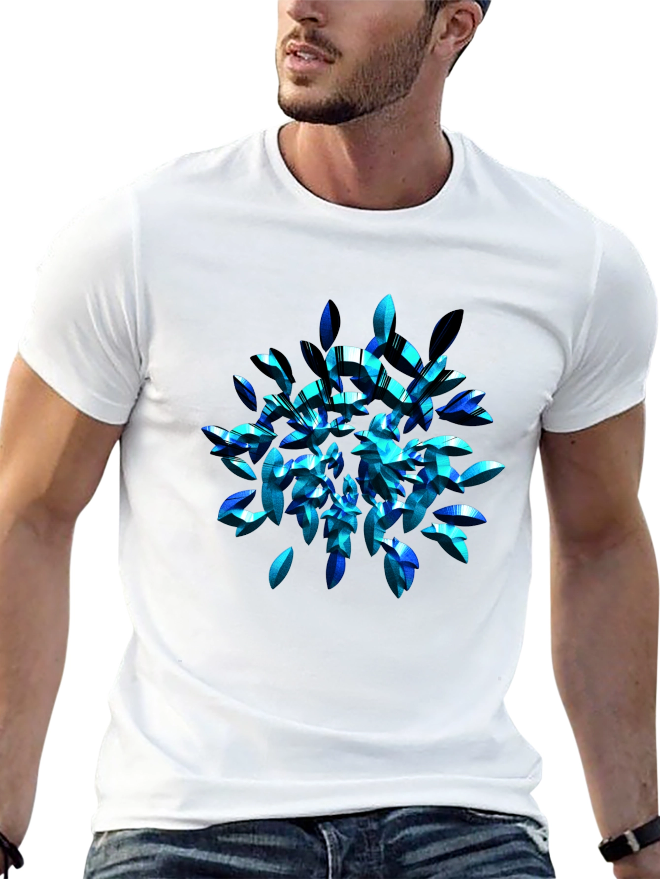 Black Abstract Blue Leaf T-Shirt - Modern Graphic Tee view 13