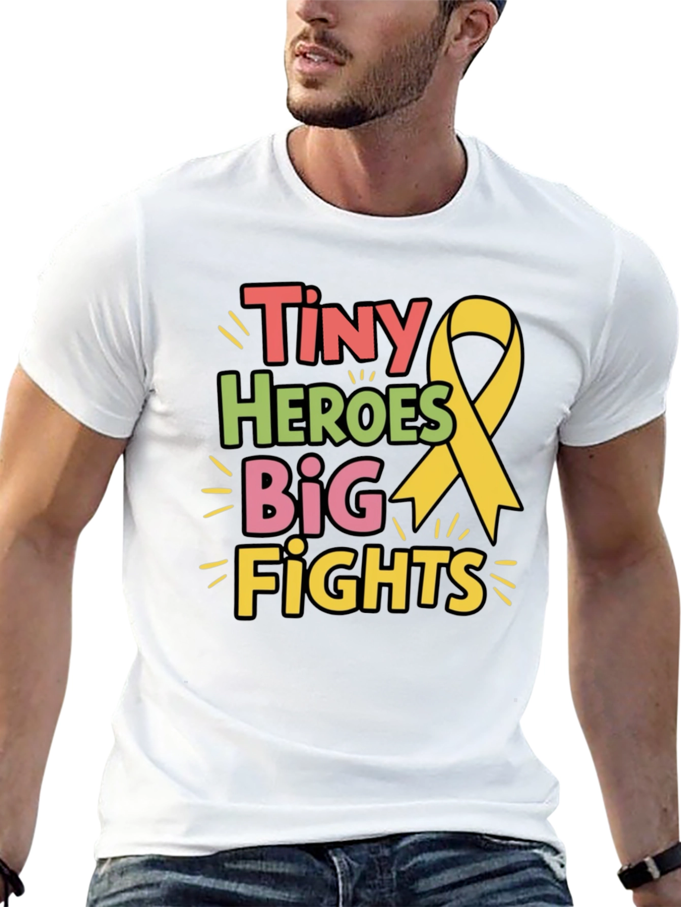 Black Tiny Heroes Big Fights T-Shirt - Childhood Cancer Awareness view 13