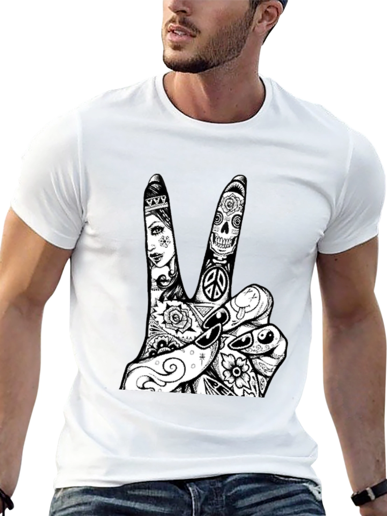 Black Peace Sign Tattoo Graphic Tee - Black Cotton T-Shirt view 13