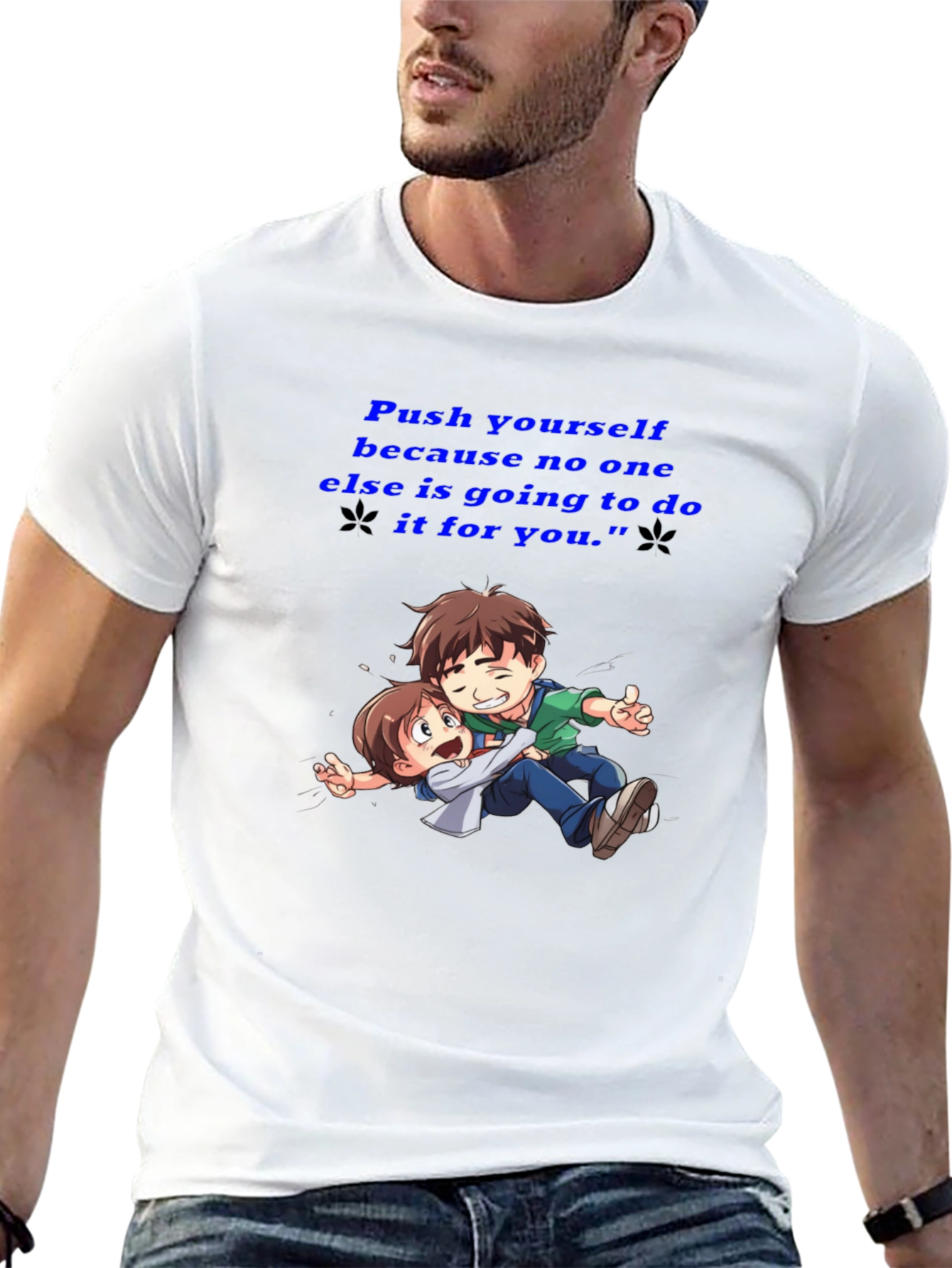 Black Motivational Black T-Shirt: "Push Yourself" Anime Design view 13