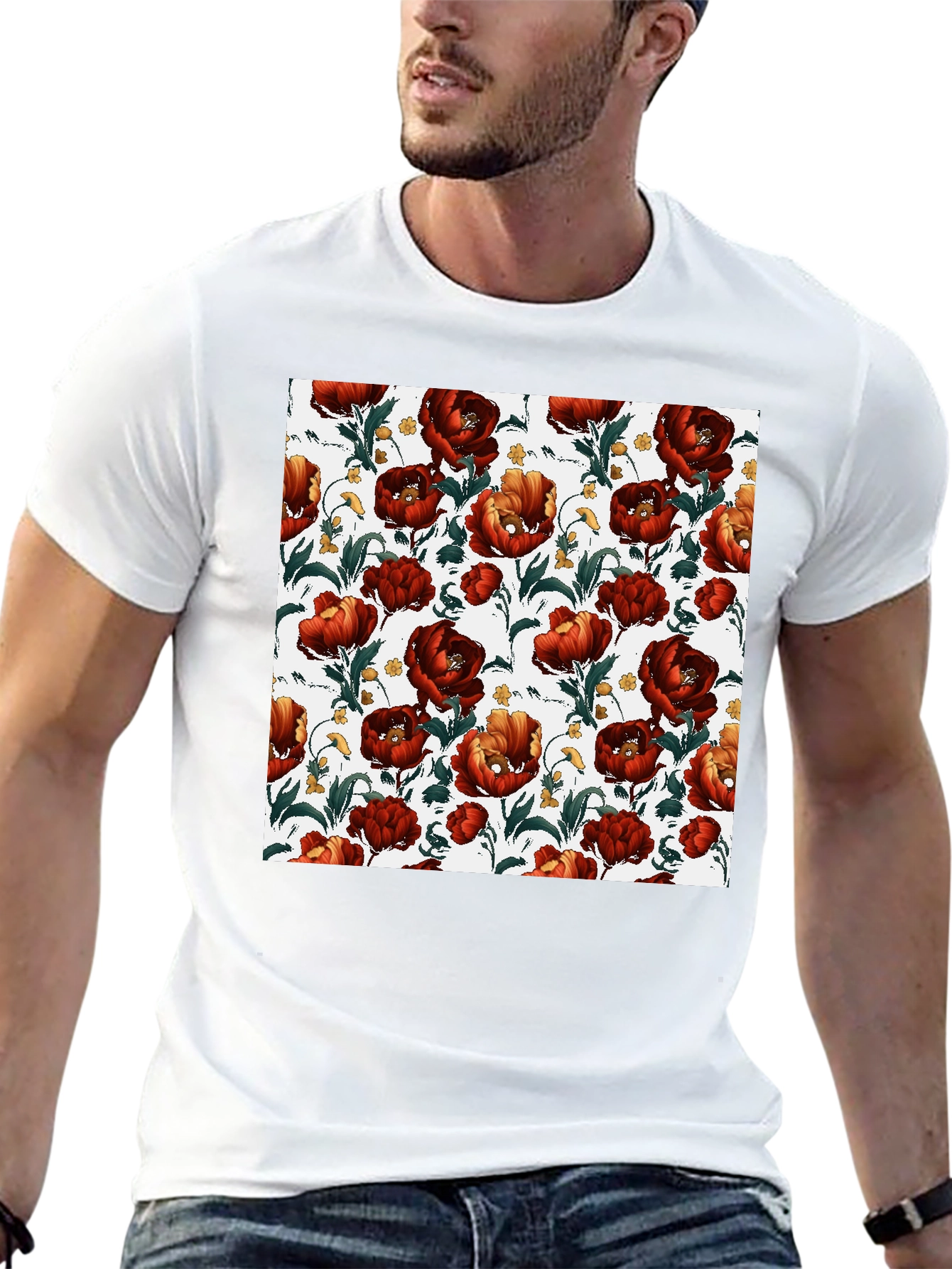 Black Floral Print Crew Neck T-Shirt - Bold Red Blooms view 13