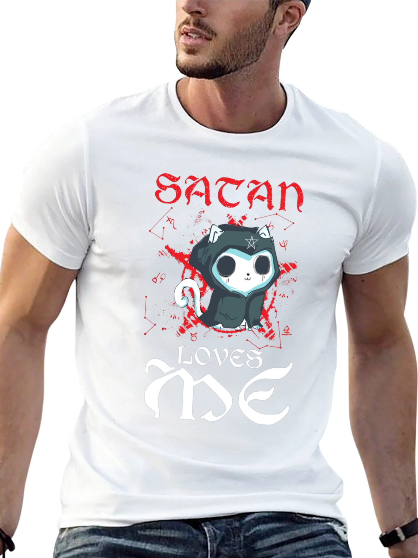 Black Satan Loves Me Cat Graphic Tee - Black Cotton T-Shirt view 13