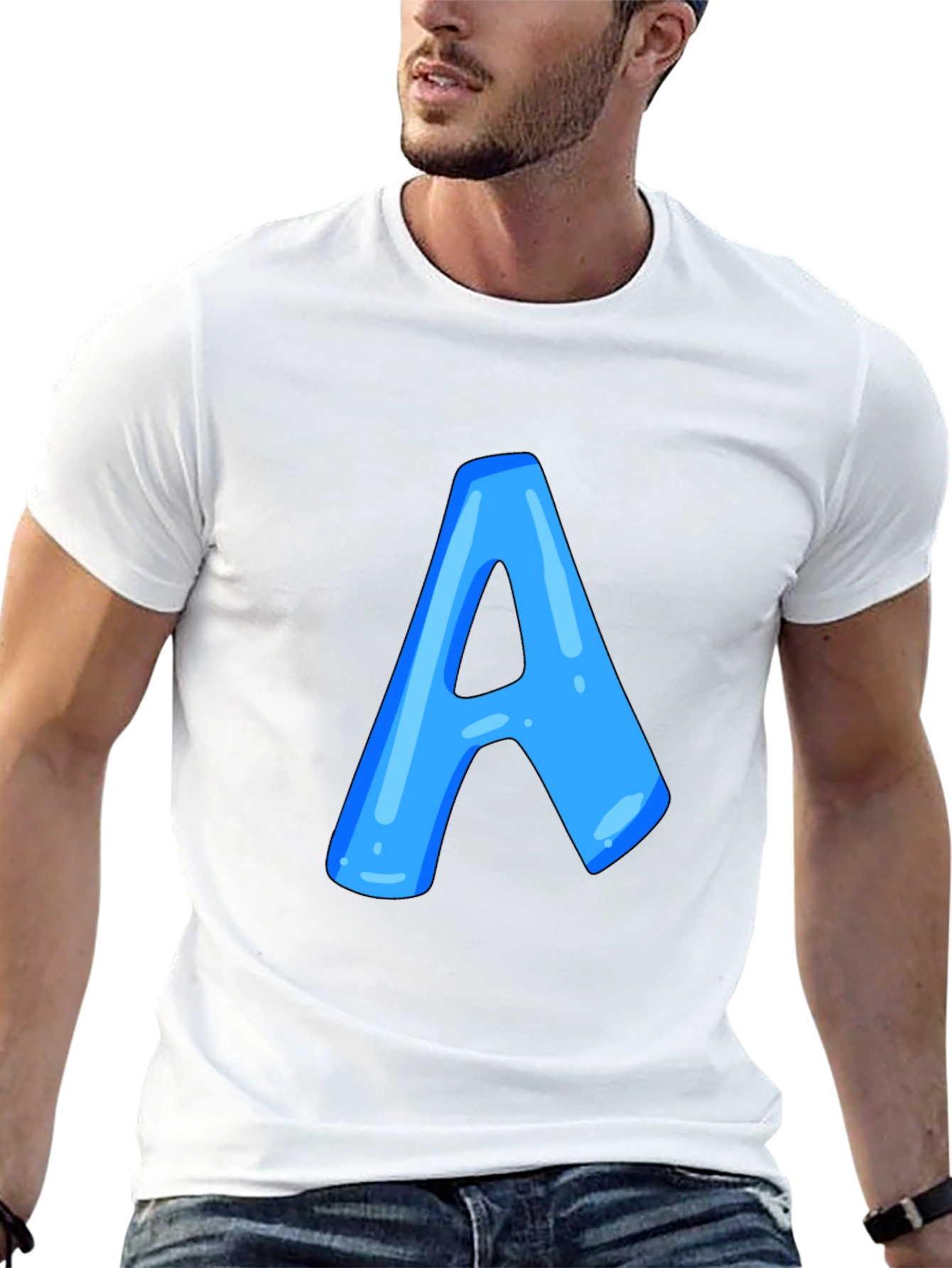 Black Men's Black T-Shirt with Blue Letter "A" Design view 13