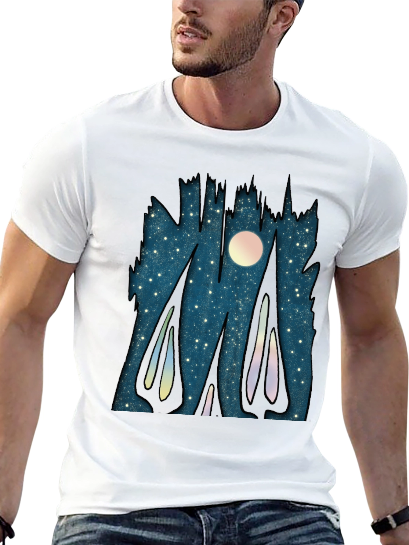 Black Starry Night Forest Graphic T-Shirt view 13