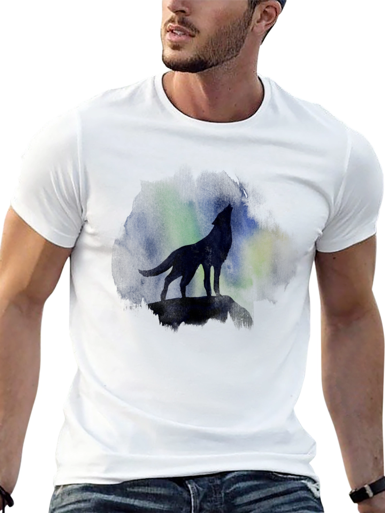 Black Wolf Howling at Aurora Borealis T-Shirt view 13