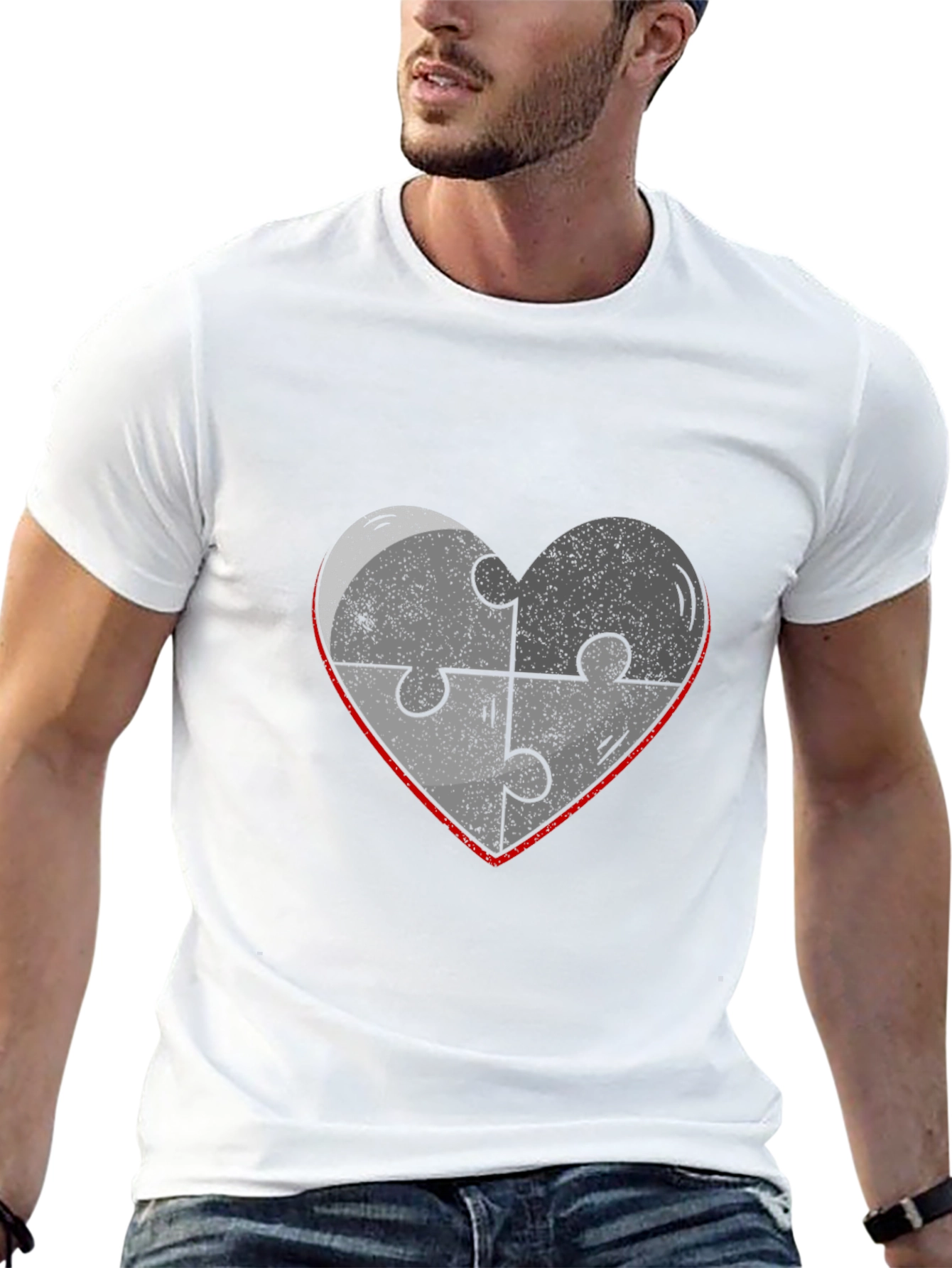 Black Heart Puzzle Piece Graphic Tee - Black Cotton Casual T-Shirt view 13