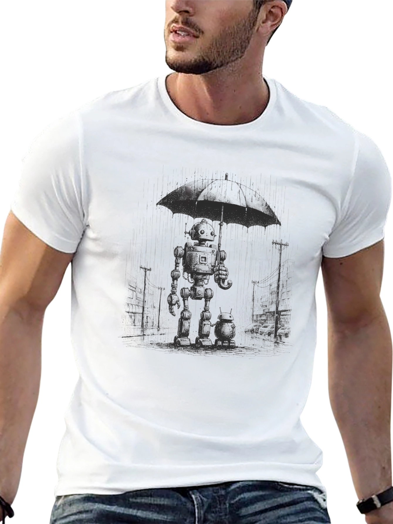 Black Robot Umbrella T-Shirt - Dark Graphic Tee view 13
