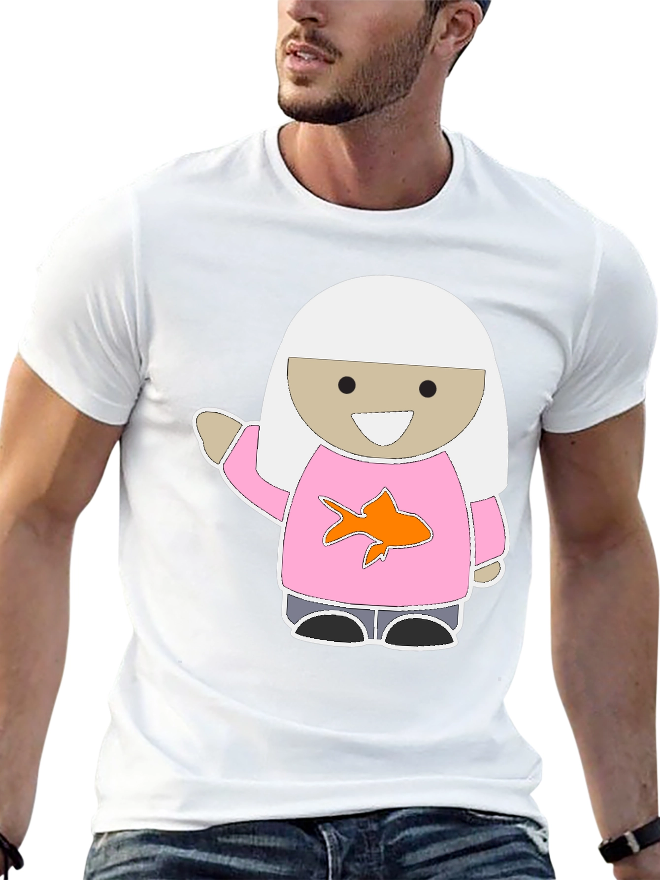 Black Cute Cartoon Girl Pink Fish T-Shirt view 13