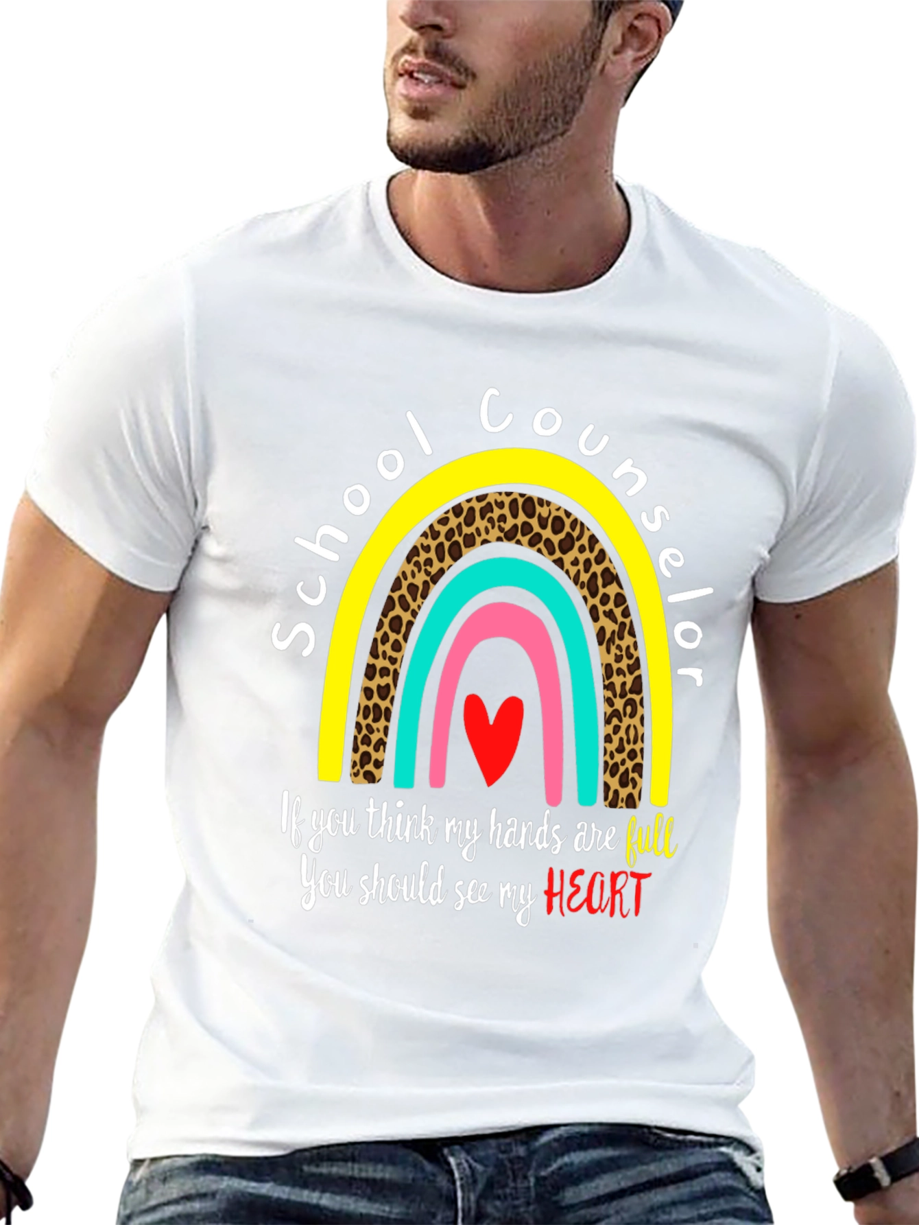 School Counselor T-Shirt: Full Heart, Rainbow Design - 13