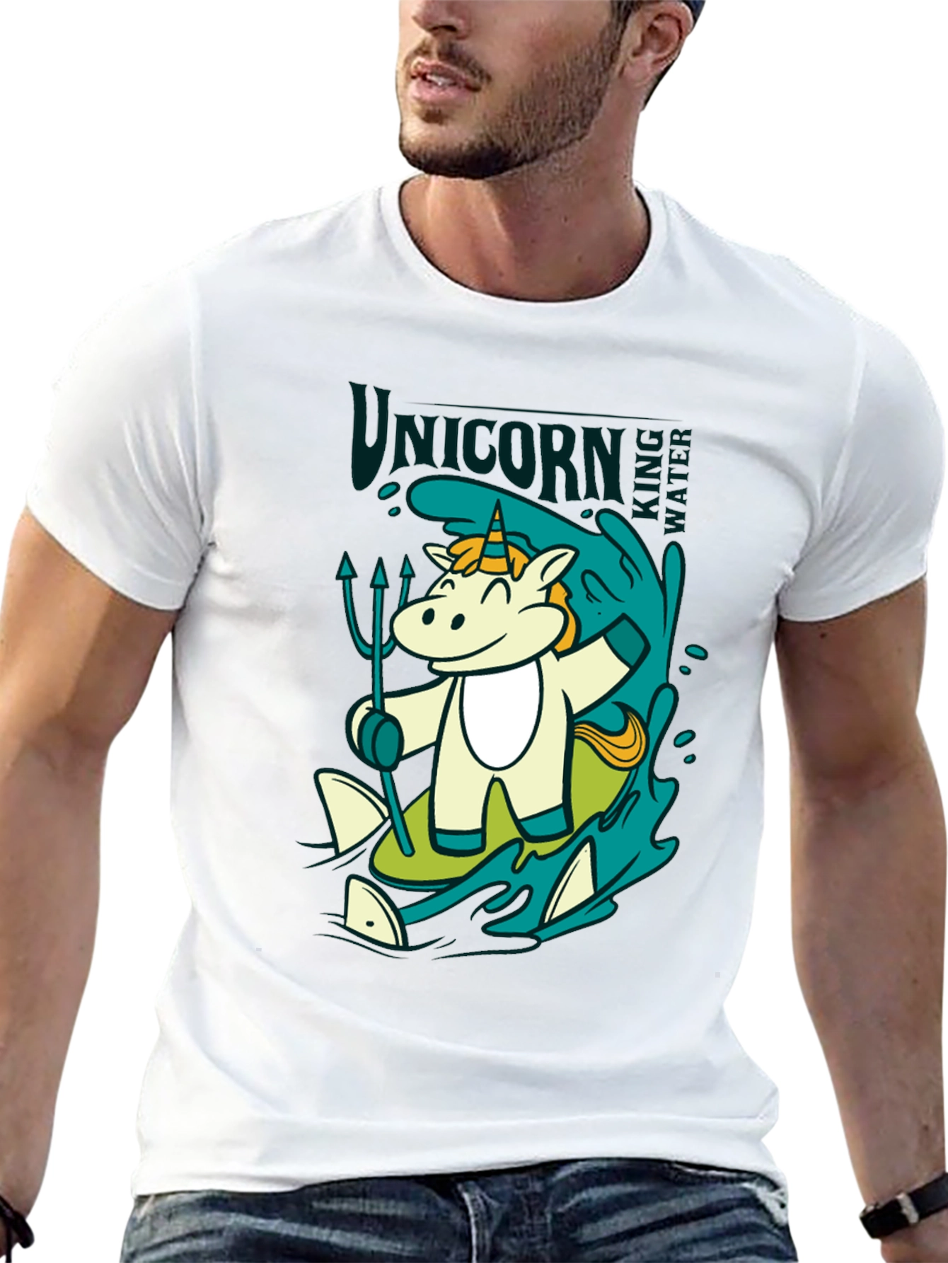 Black Unicorn Surfing T-Shirt: Cartoon Graphic Tee view 13