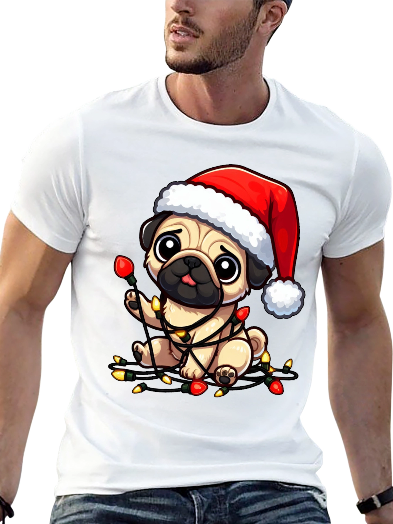 Black Festive Pug Christmas Lights Graphic Tee view 13