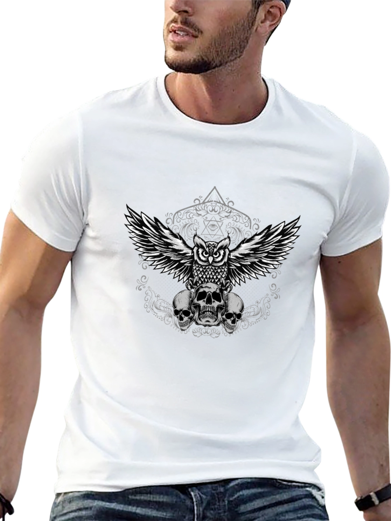 Black Owl and Skulls Graphic Tee - Men's Black T-Shirt view 13